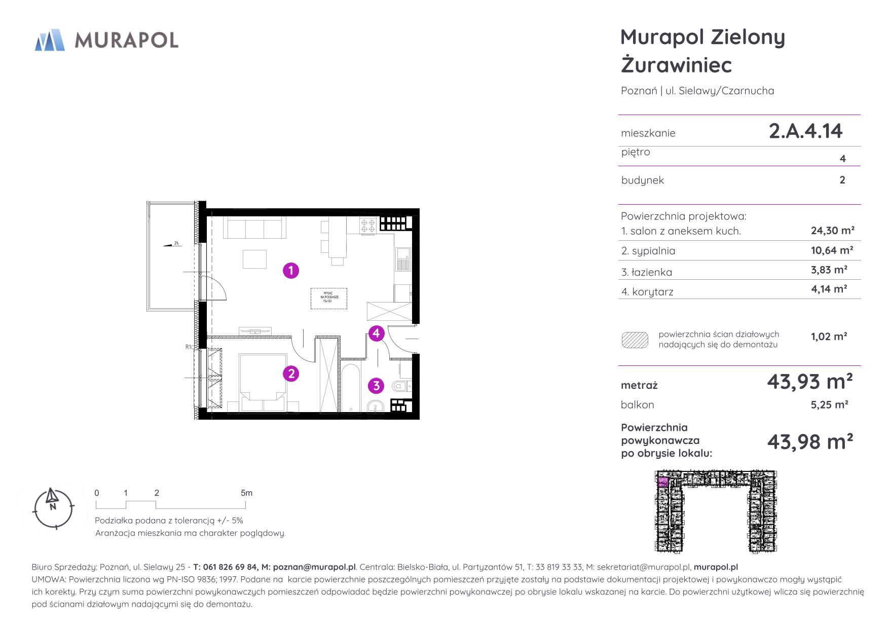 Mieszkanie 43,98 m², piętro 4, oferta nr 2.A.4.14, Murapol Zielony Żurawiniec - Gotowe mieszkania, Poznań, Naramowice, ul. Sielawy-idx