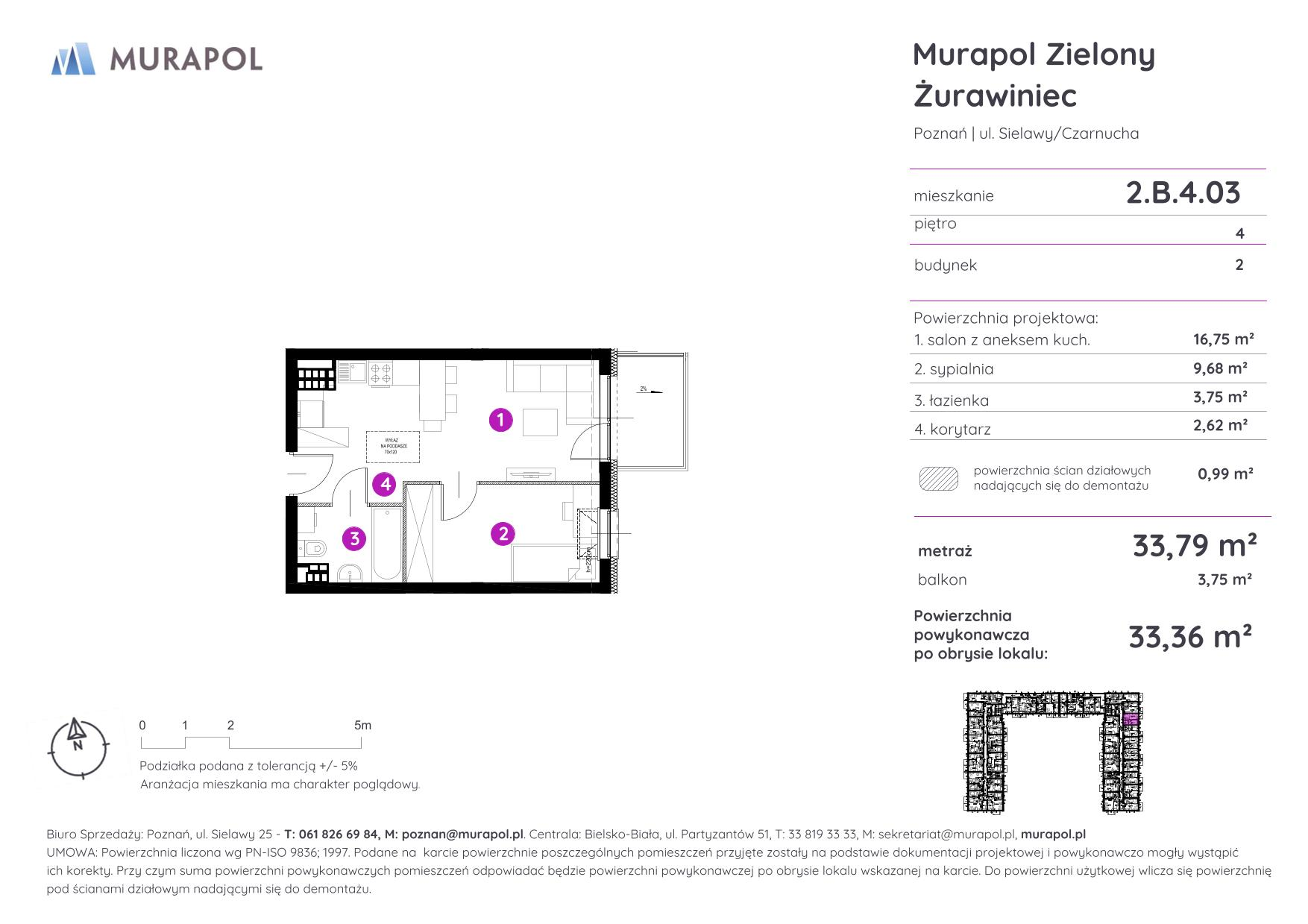 Mieszkanie 33,36 m², piętro 4, oferta nr 2.B.4.03, Murapol Zielony Żurawiniec - Gotowe mieszkania, Poznań, Naramowice, ul. Sielawy-idx