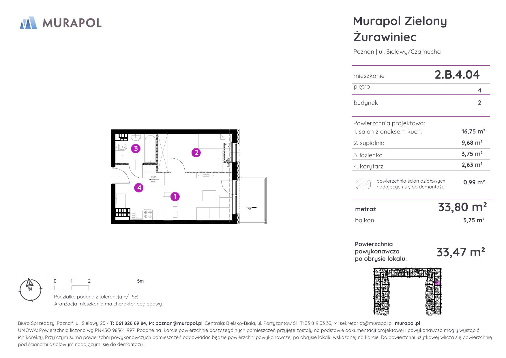 Mieszkanie 33,47 m², piętro 4, oferta nr 2.B.4.04, Murapol Zielony Żurawiniec - Gotowe mieszkania, Poznań, Naramowice, ul. Sielawy-idx