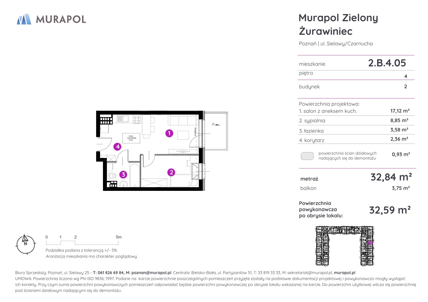 Mieszkanie 32,59 m², piętro 4, oferta nr 2.B.4.05, Murapol Zielony Żurawiniec - Gotowe mieszkania, Poznań, Naramowice, ul. Sielawy-idx