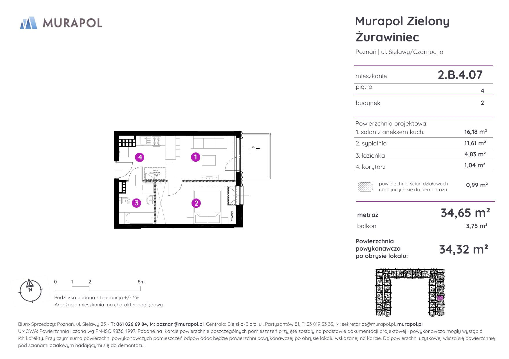 Mieszkanie 34,32 m², piętro 4, oferta nr 2.B.4.07, Murapol Zielony Żurawiniec - Gotowe mieszkania, Poznań, Naramowice, ul. Sielawy-idx