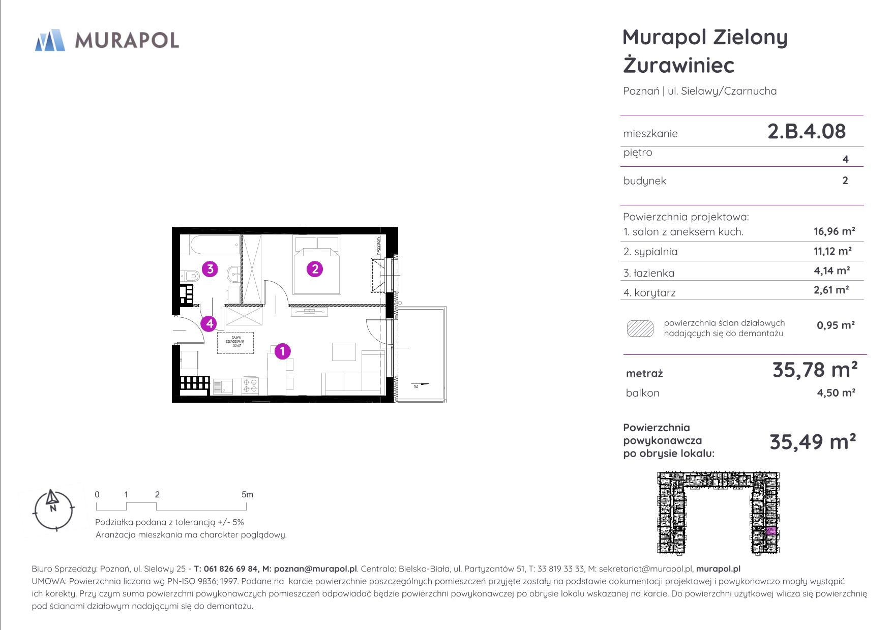 Mieszkanie 35,49 m², piętro 4, oferta nr 2.B.4.08, Murapol Zielony Żurawiniec - Gotowe mieszkania, Poznań, Naramowice, ul. Sielawy-idx