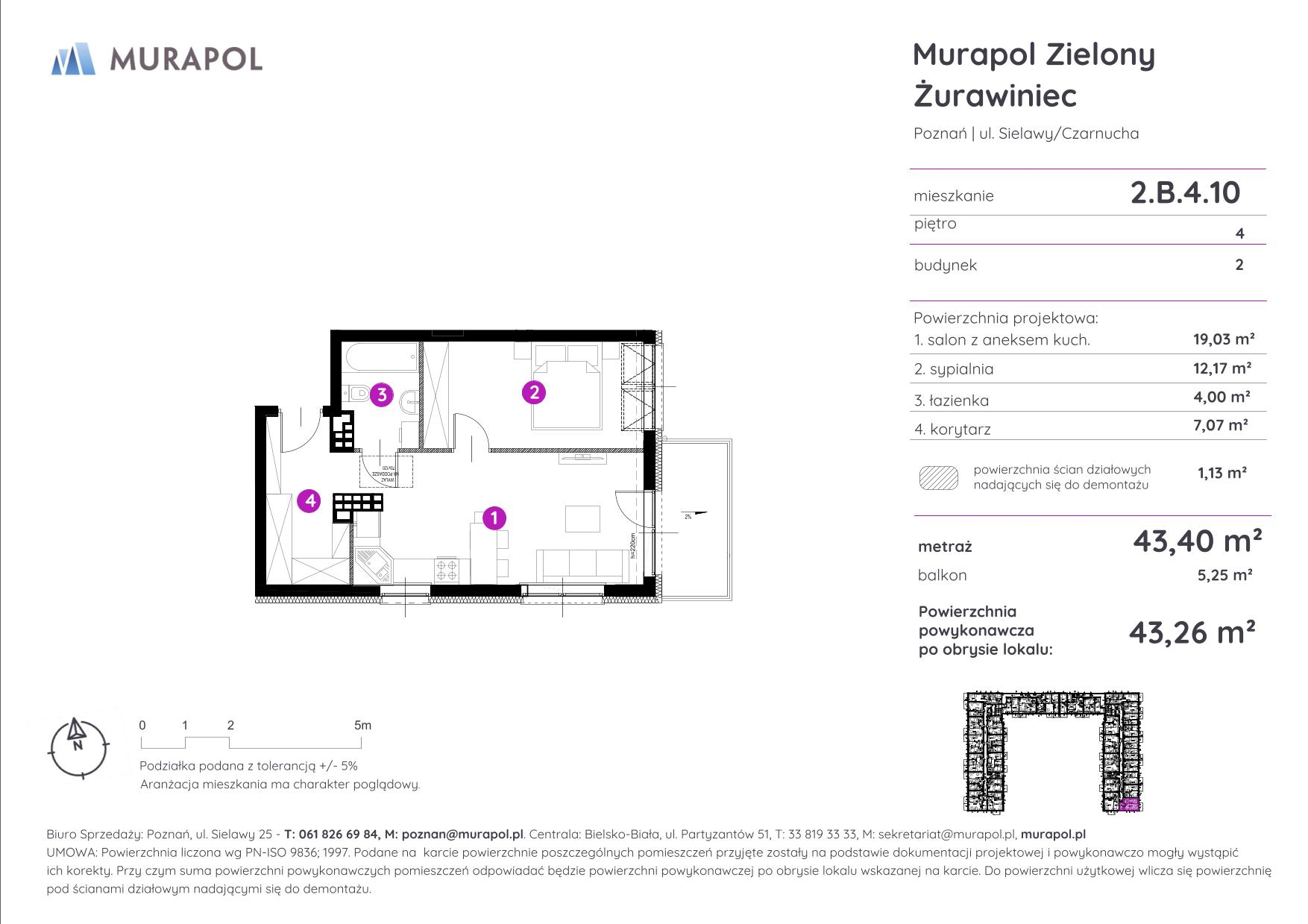 Mieszkanie 43,26 m², piętro 4, oferta nr 2.B.4.10, Murapol Zielony Żurawiniec - Gotowe mieszkania, Poznań, Naramowice, ul. Sielawy-idx