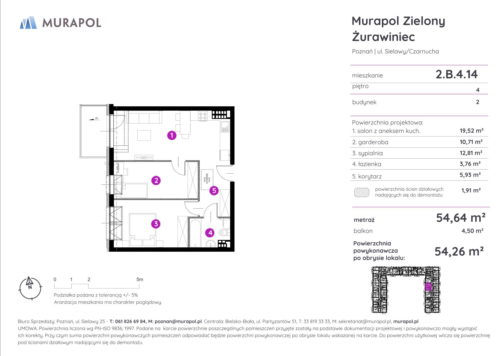 Mieszkanie 54,26 m², piętro 4, oferta nr 2.B.4.14, Murapol Zielony Żurawiniec - Gotowe mieszkania, Poznań, Naramowice, ul. Sielawy-idx