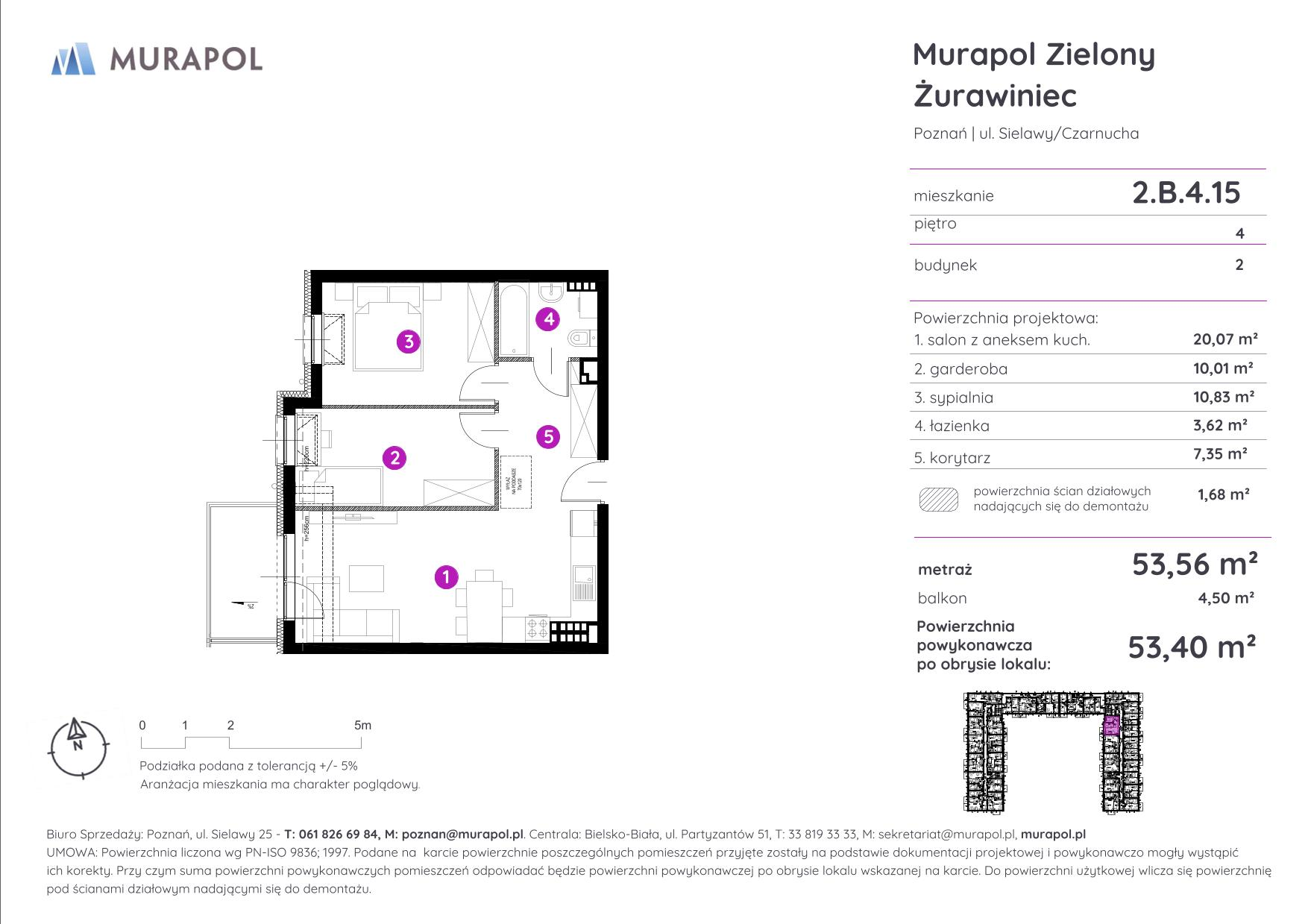 Mieszkanie 53,40 m², piętro 4, oferta nr 2.B.4.15, Murapol Zielony Żurawiniec - Gotowe mieszkania, Poznań, Naramowice, ul. Sielawy-idx