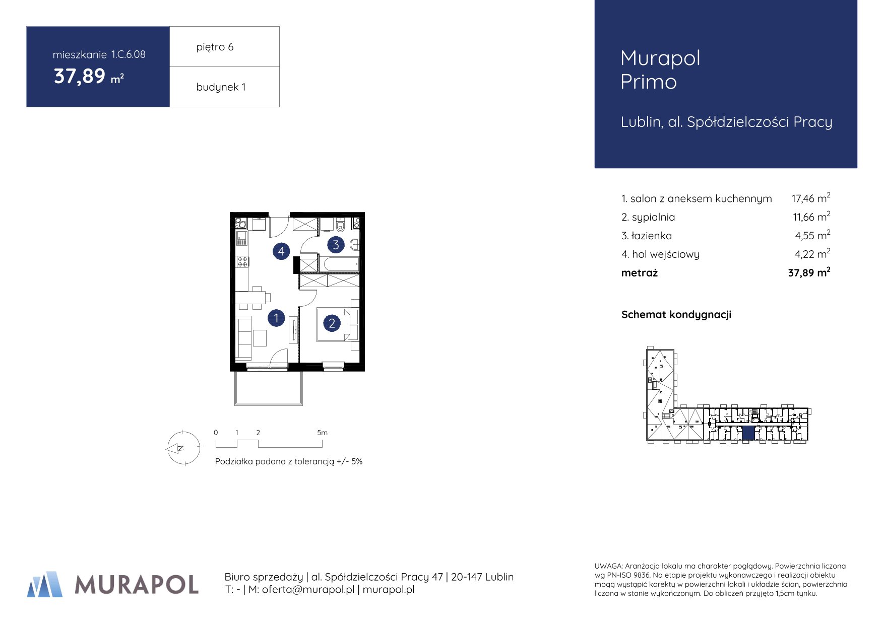 Mieszkanie 37,89 m², piętro 6, oferta nr 1.C.6.08, Murapol Primo, Lublin, Ponikwoda, al. Spółdzielczości Pracy-idx