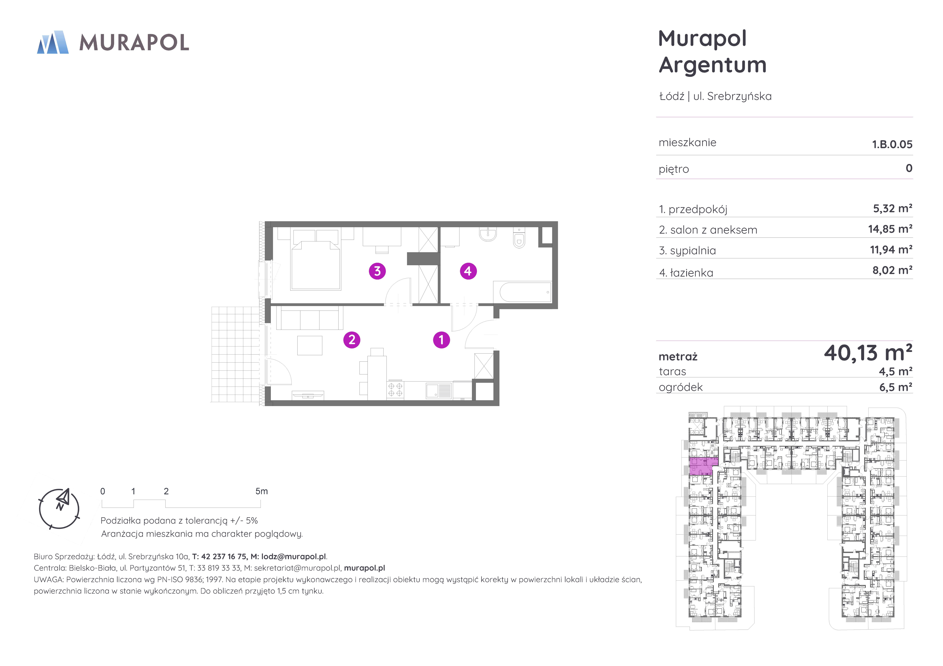 Mieszkanie 40,13 m², parter, oferta nr 1.B.0.05, Murapol Argentum, Łódź, Polesie, Stare Polesie, ul. Srebrzyńska-idx