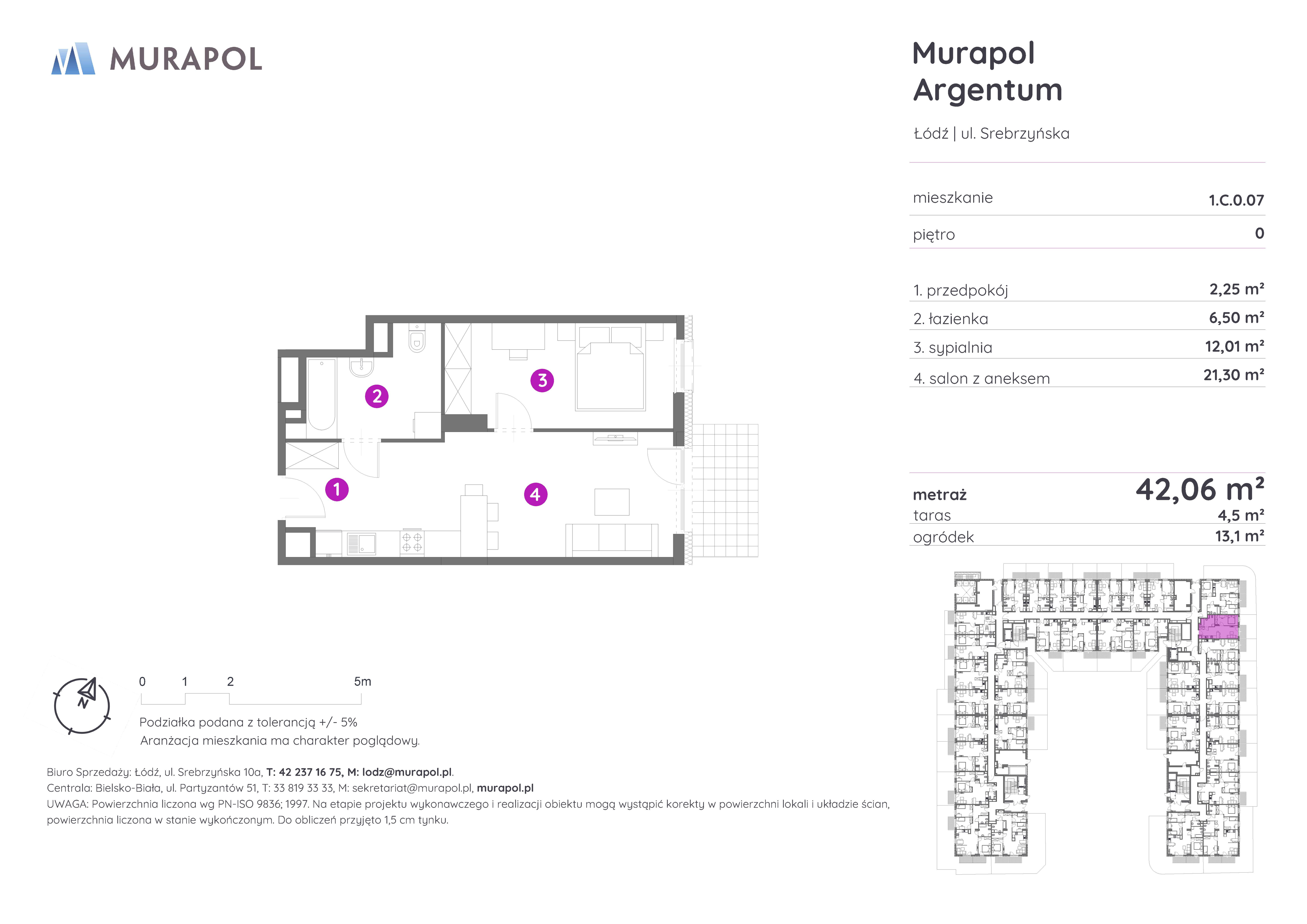 Mieszkanie 42,06 m², parter, oferta nr 1.C.0.07, Murapol Argentum, Łódź, Polesie, Stare Polesie, ul. Srebrzyńska-idx