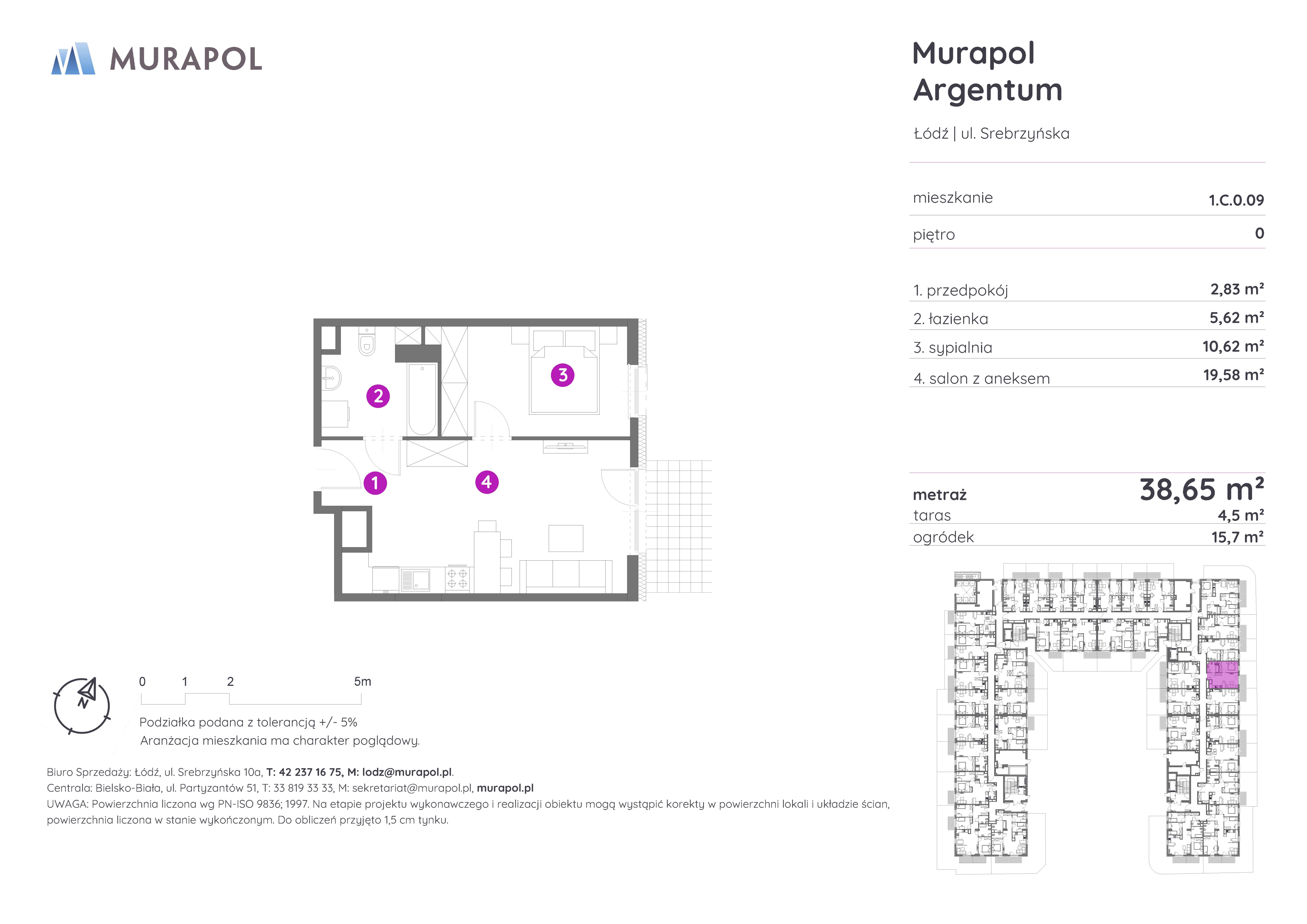 Mieszkanie 38,65 m², parter, oferta nr 1.C.0.09, Murapol Argentum, Łódź, Polesie, Stare Polesie, ul. Srebrzyńska-idx