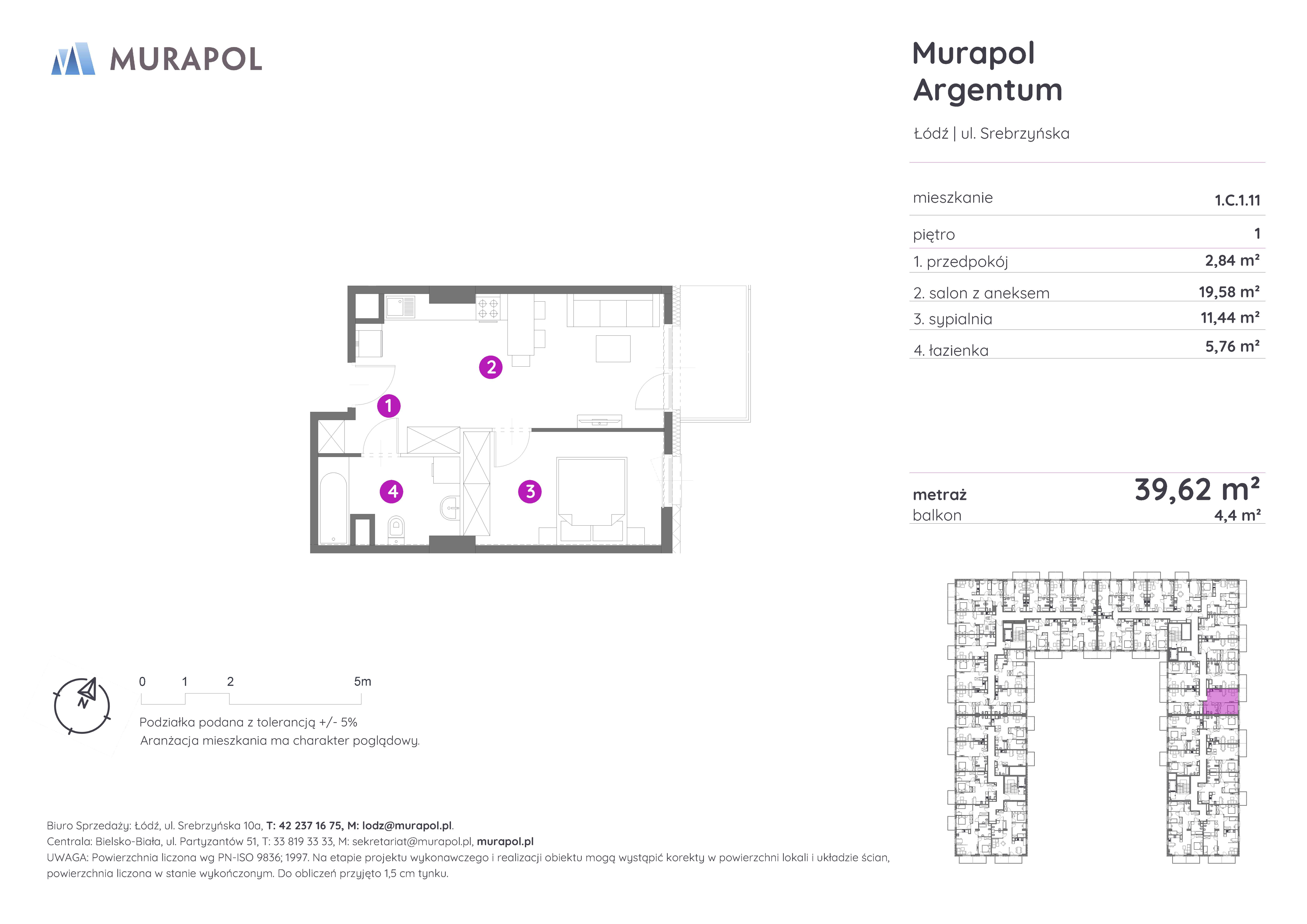 Mieszkanie 39,62 m², piętro 1, oferta nr 1.C.1.11, Murapol Argentum, Łódź, Polesie, Stare Polesie, ul. Srebrzyńska-idx