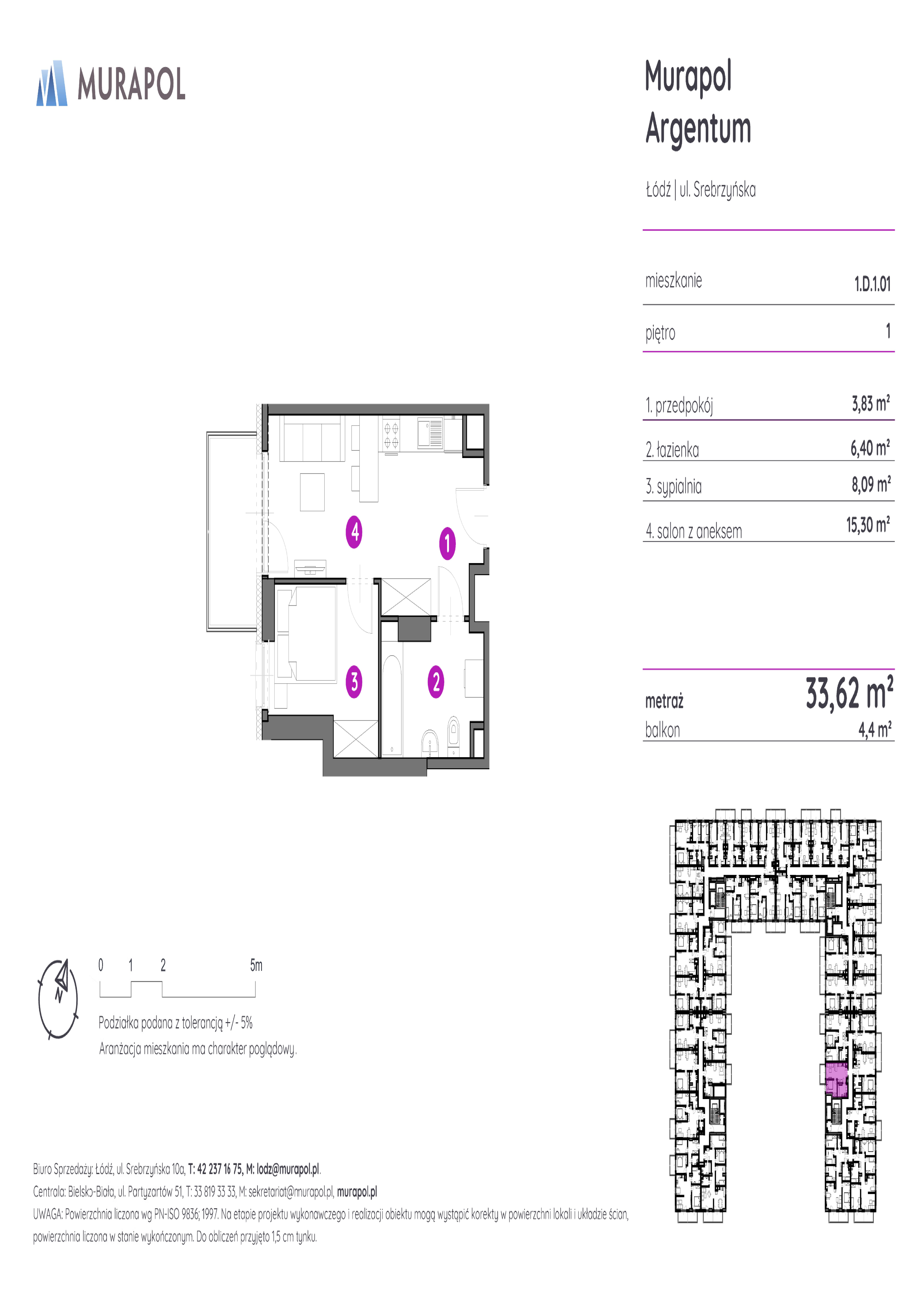 Mieszkanie 33,62 m², piętro 1, oferta nr 1.D.1.01, Murapol Argentum, Łódź, Polesie, Stare Polesie, ul. Srebrzyńska-idx