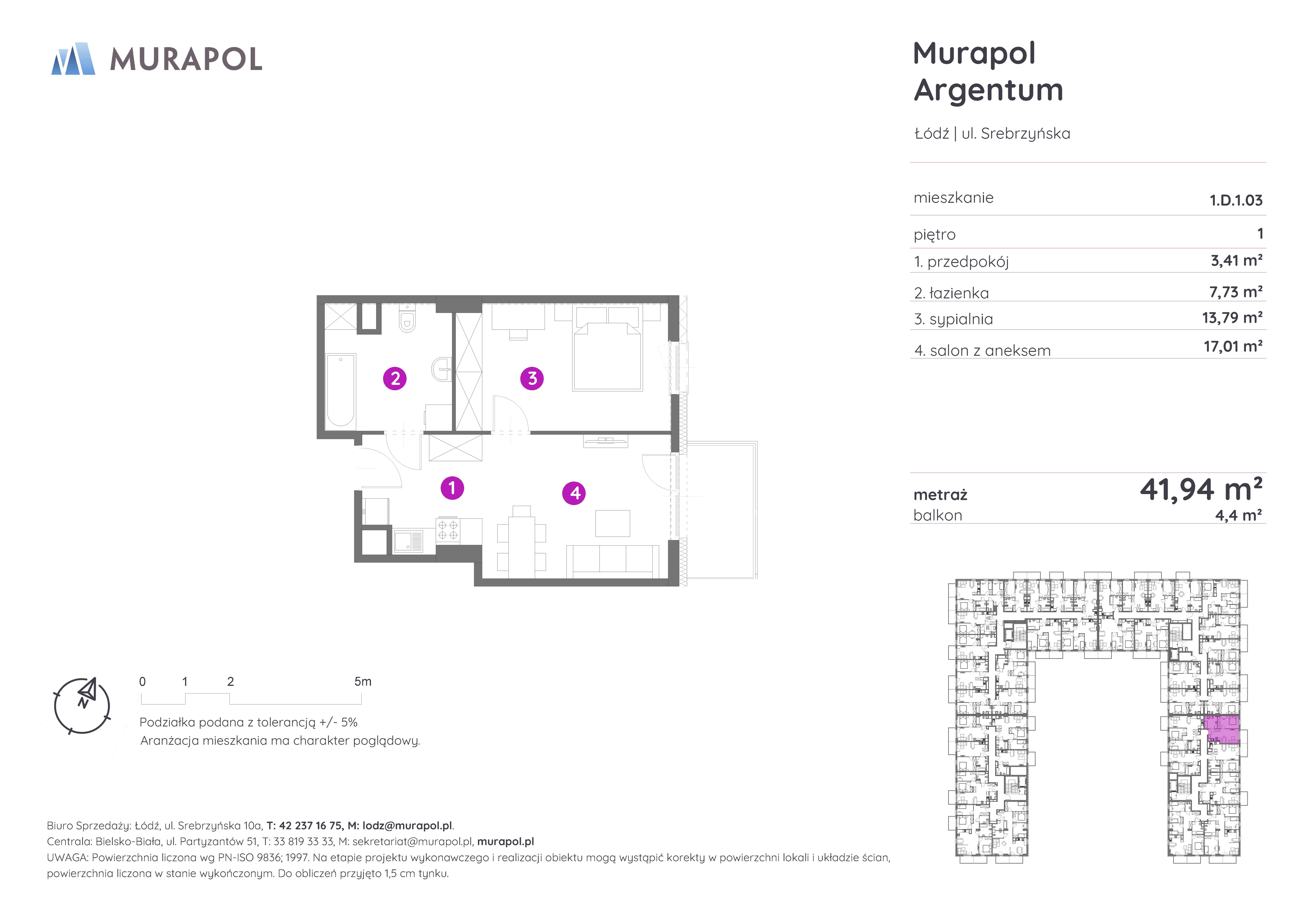 Mieszkanie 41,94 m², piętro 1, oferta nr 1.D.1.03, Murapol Argentum, Łódź, Polesie, Stare Polesie, ul. Srebrzyńska-idx