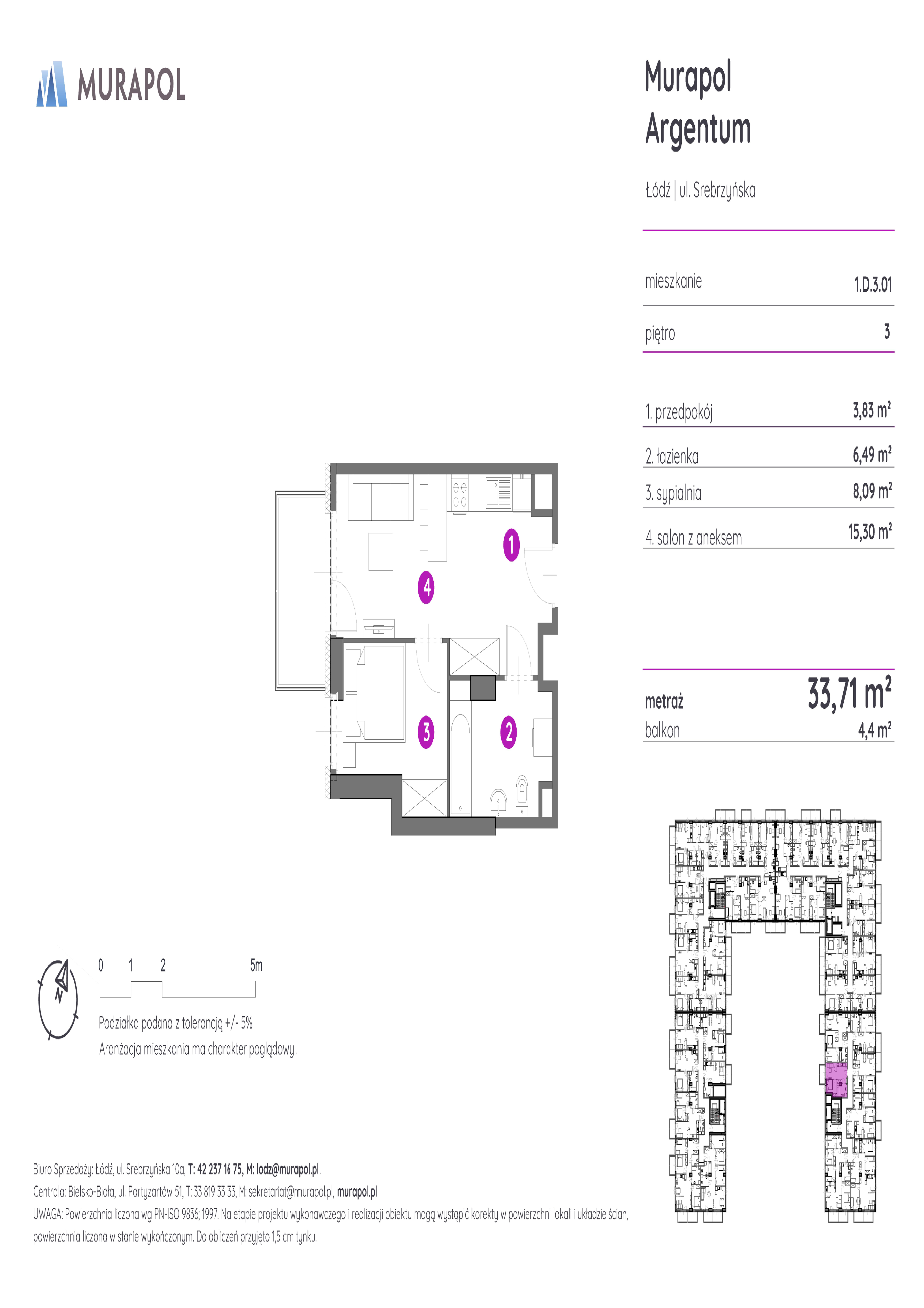 Mieszkanie 33,71 m², piętro 3, oferta nr 1.D.3.01, Murapol Argentum, Łódź, Polesie, Stare Polesie, ul. Srebrzyńska-idx