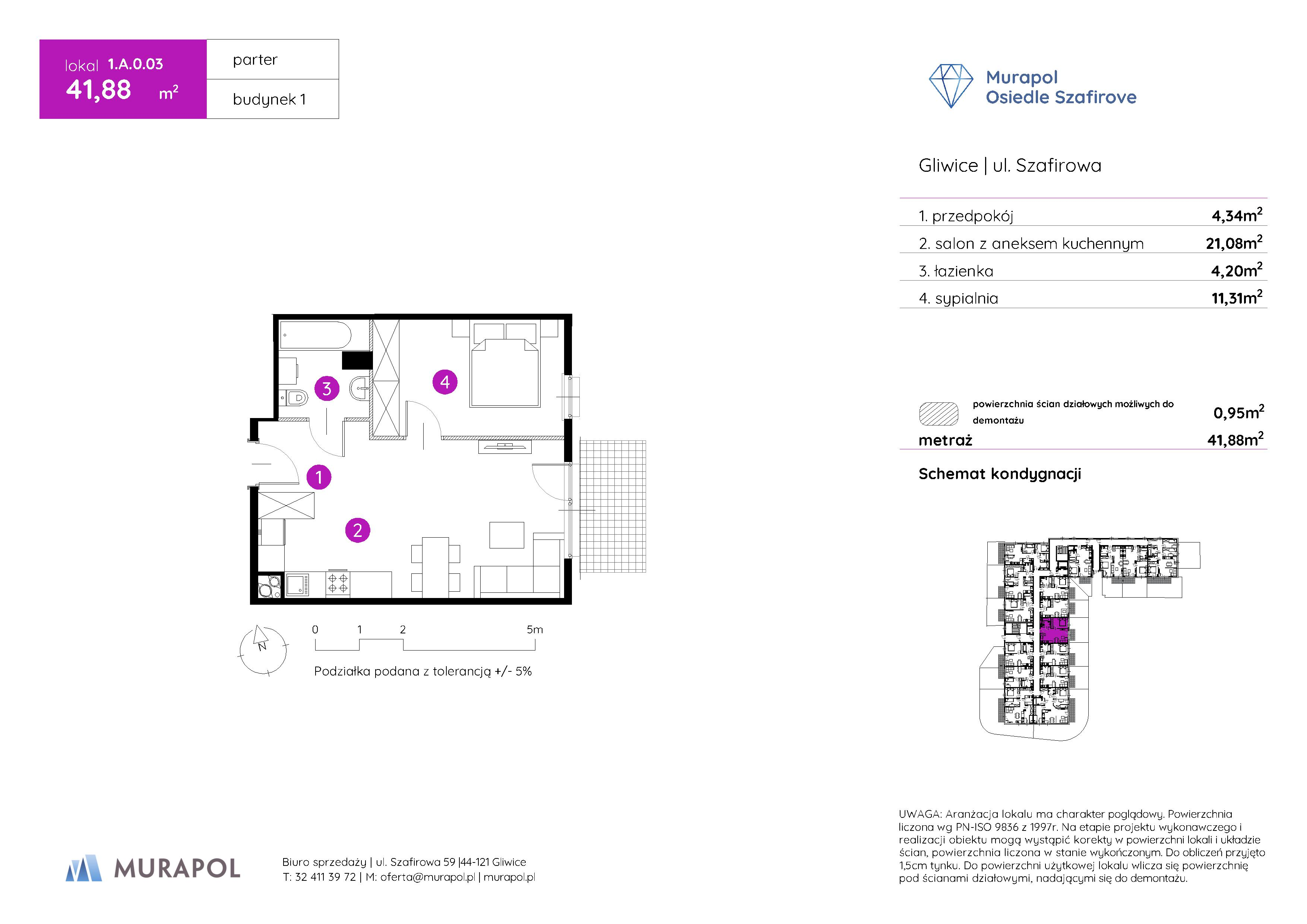 Mieszkanie 41,88 m², parter, oferta nr 1.A.0.03, Murapol Osiedle Szafirove, Gliwice, Stare Gliwice, ul. Szafirowa-idx