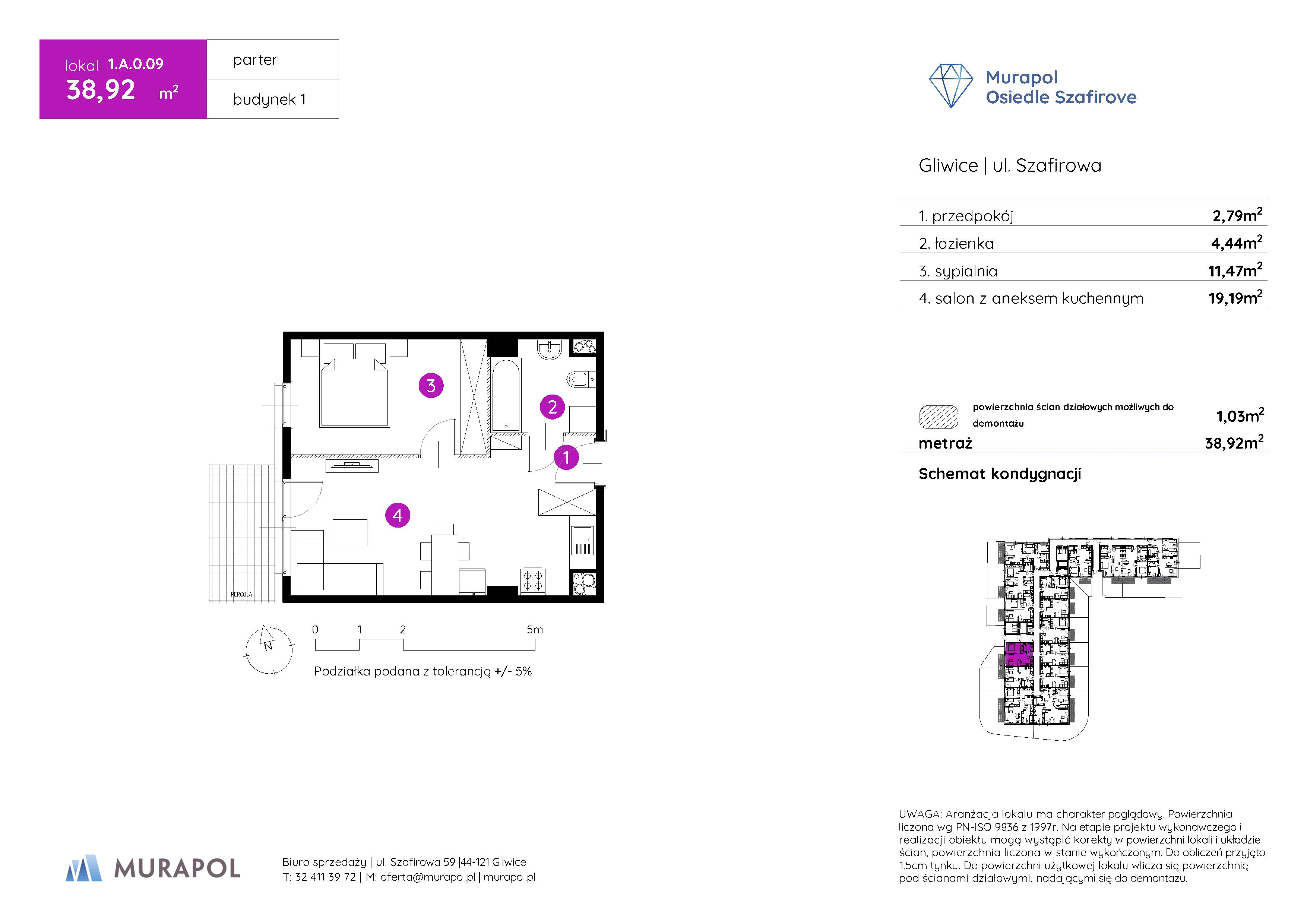 Mieszkanie 38,92 m², parter, oferta nr 1.A.0.09, Murapol Osiedle Szafirove, Gliwice, Stare Gliwice, ul. Szafirowa-idx