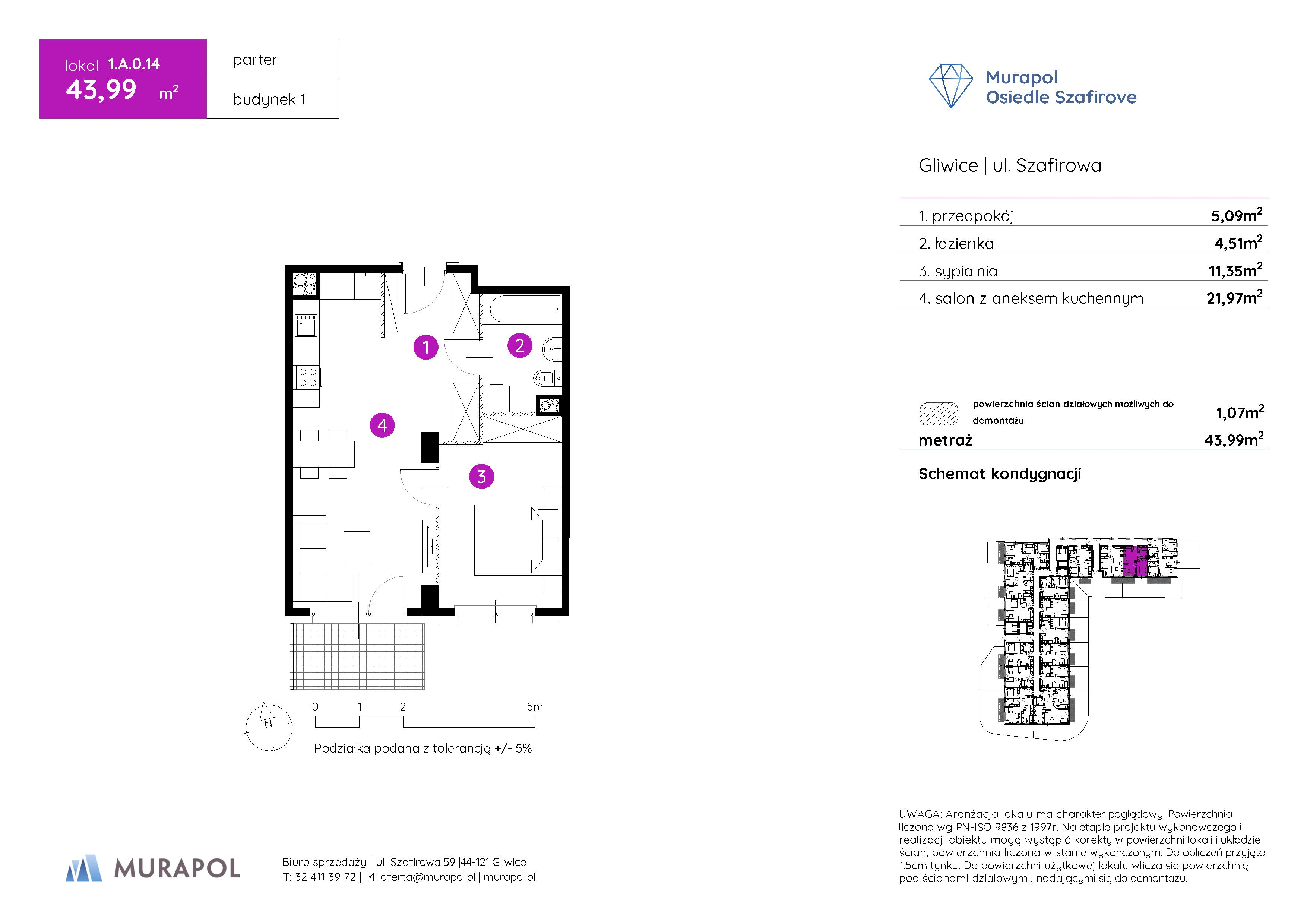 Mieszkanie 43,99 m², parter, oferta nr 1.A.0.14, Murapol Osiedle Szafirove, Gliwice, Stare Gliwice, ul. Szafirowa-idx