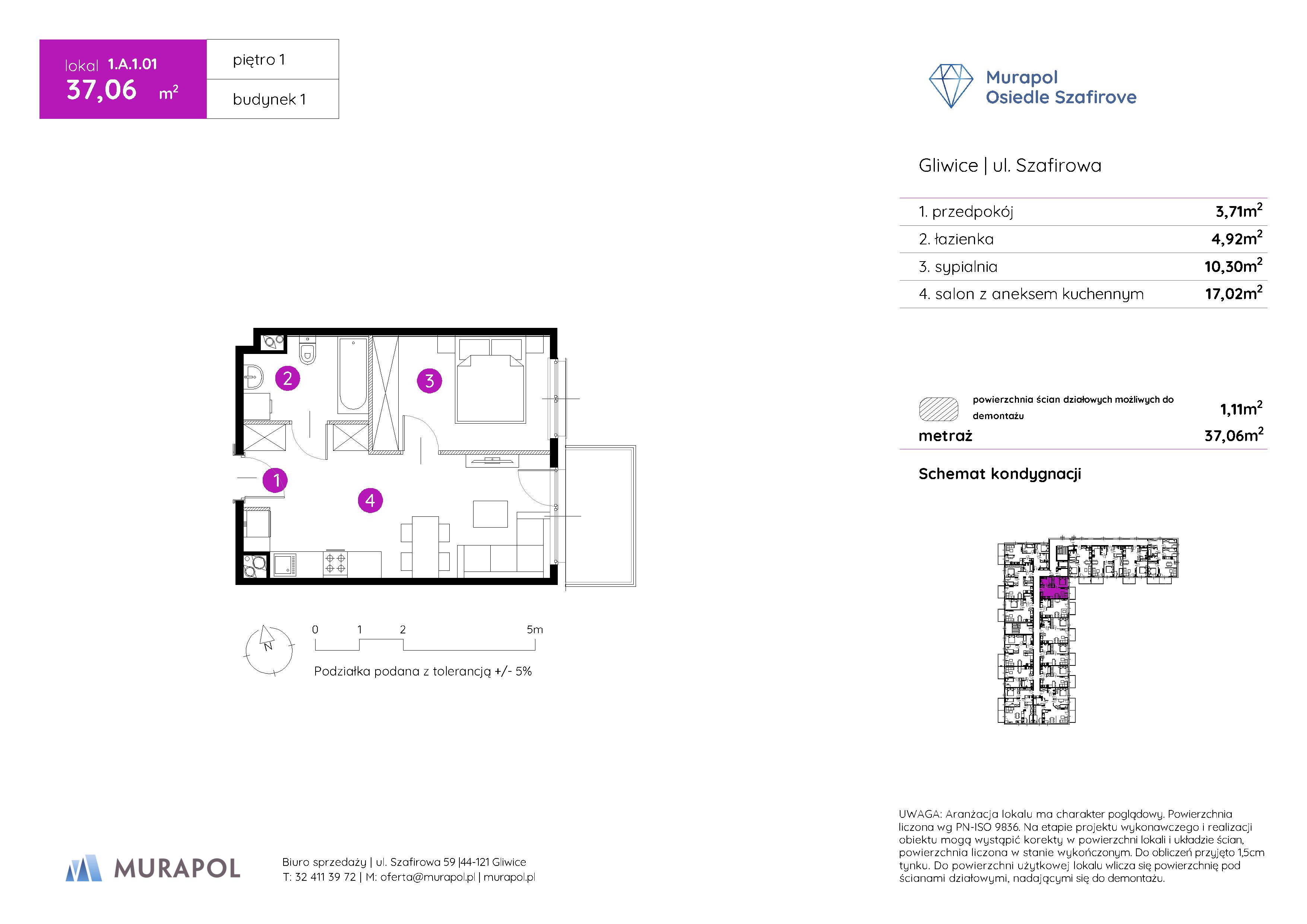 Mieszkanie 37,06 m², piętro 1, oferta nr 1.A.1.01, Murapol Osiedle Szafirove, Gliwice, Stare Gliwice, ul. Szafirowa-idx