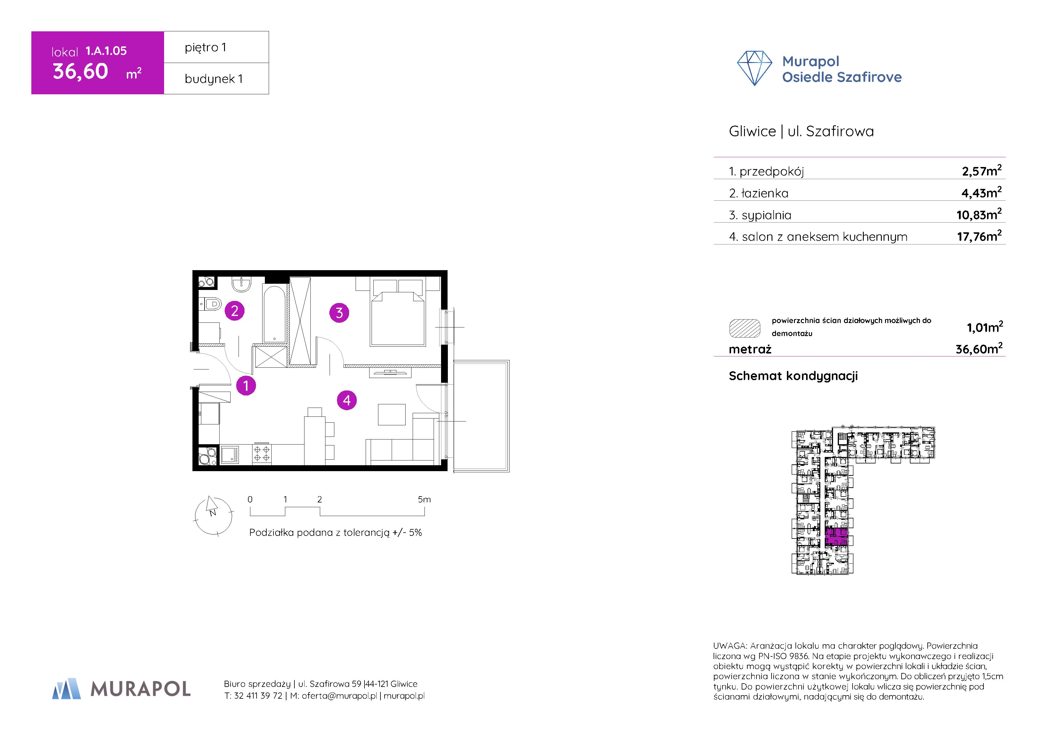 Mieszkanie 36,60 m², piętro 1, oferta nr 1.A.1.05, Murapol Osiedle Szafirove, Gliwice, Stare Gliwice, ul. Szafirowa-idx