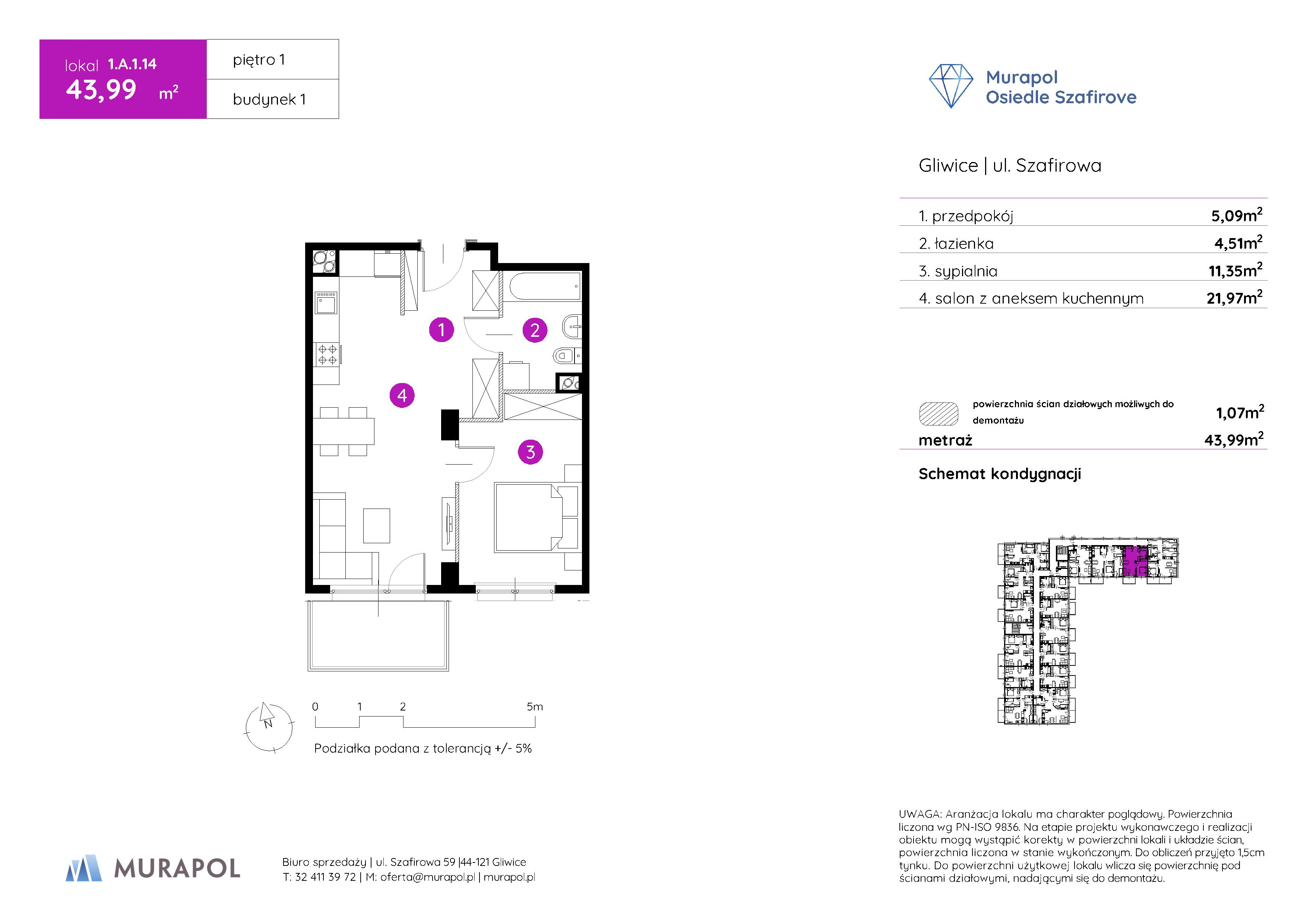 Mieszkanie 43,99 m², piętro 1, oferta nr 1.A.1.14, Murapol Osiedle Szafirove, Gliwice, Stare Gliwice, ul. Szafirowa-idx