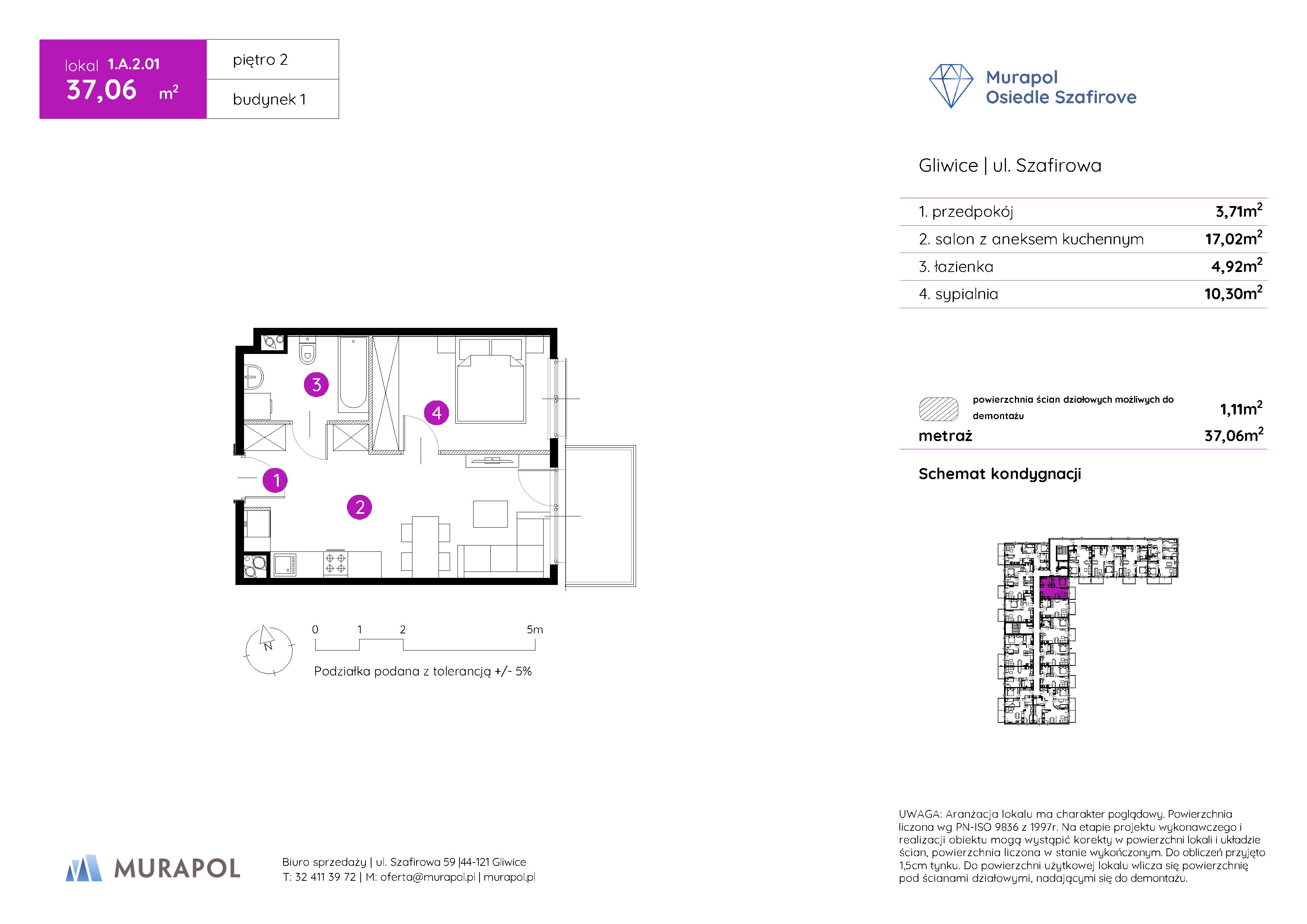 Mieszkanie 37,06 m², piętro 2, oferta nr 1.A.2.01, Murapol Osiedle Szafirove, Gliwice, Stare Gliwice, ul. Szafirowa-idx