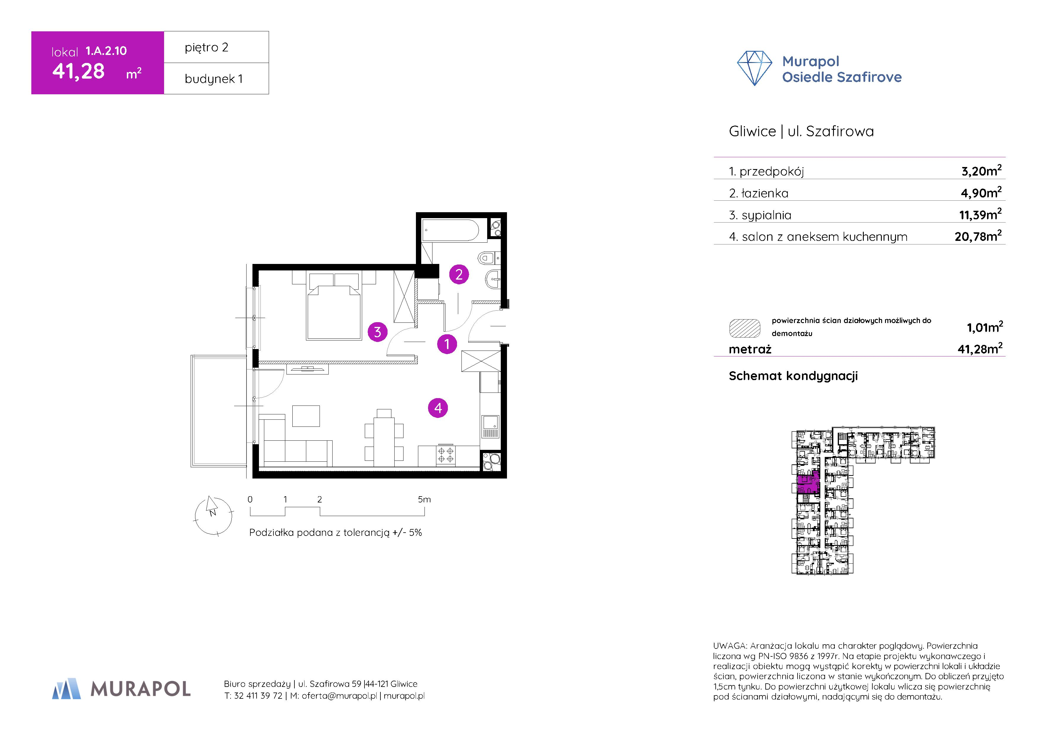 Mieszkanie 41,28 m², piętro 2, oferta nr 1.A.2.10, Murapol Osiedle Szafirove, Gliwice, Stare Gliwice, ul. Szafirowa-idx