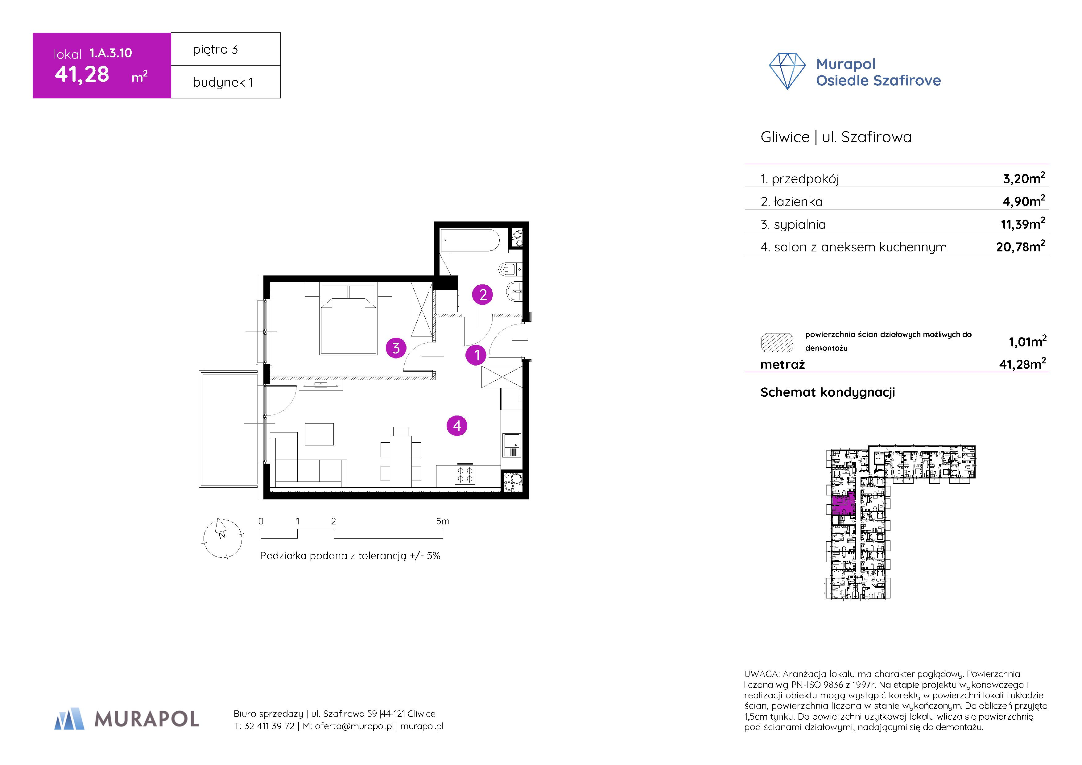 Mieszkanie 41,28 m², piętro 3, oferta nr 1.A.3.10, Murapol Osiedle Szafirove, Gliwice, Stare Gliwice, ul. Szafirowa-idx