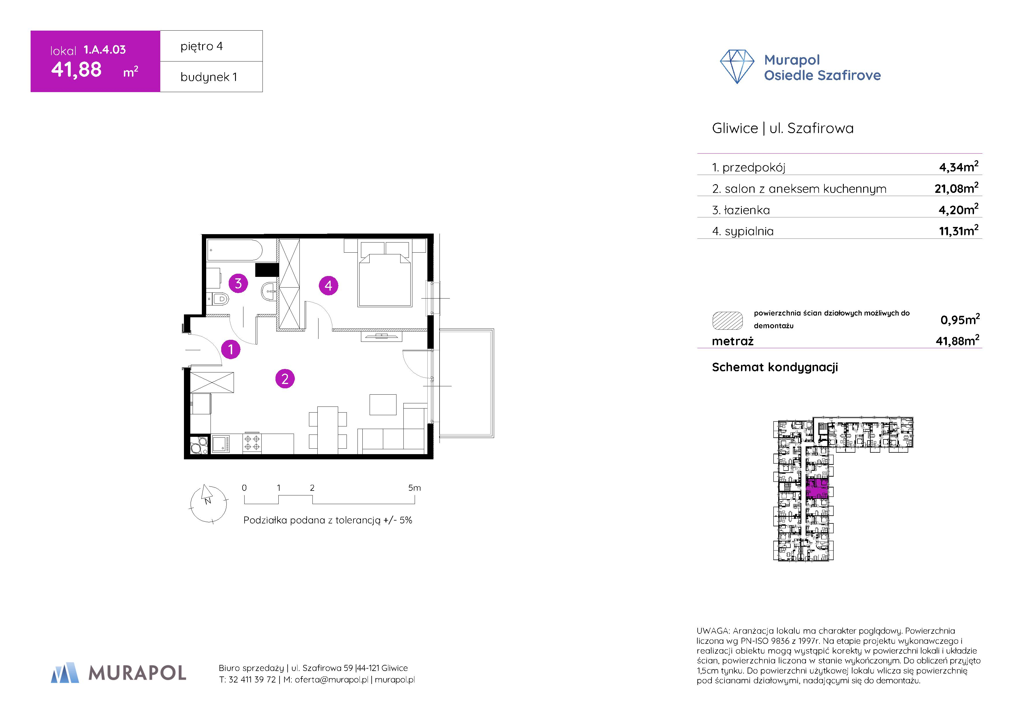 Mieszkanie 41,88 m², piętro 4, oferta nr 1.A.4.03, Murapol Osiedle Szafirove, Gliwice, Stare Gliwice, ul. Szafirowa-idx