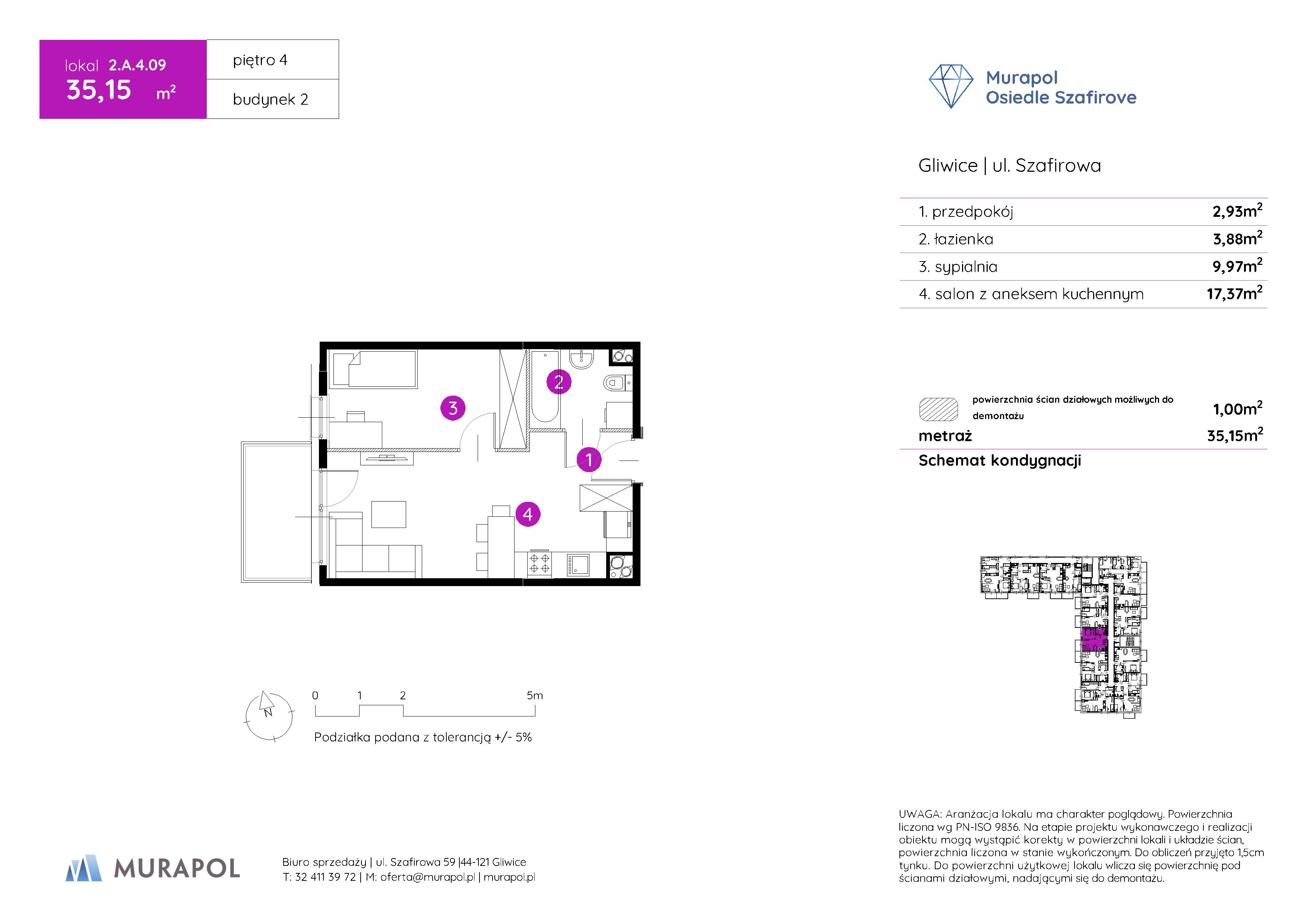 Mieszkanie 35,15 m², piętro 4, oferta nr 2.A.4.09, Murapol Osiedle Szafirove, Gliwice, Stare Gliwice, ul. Szafirowa-idx