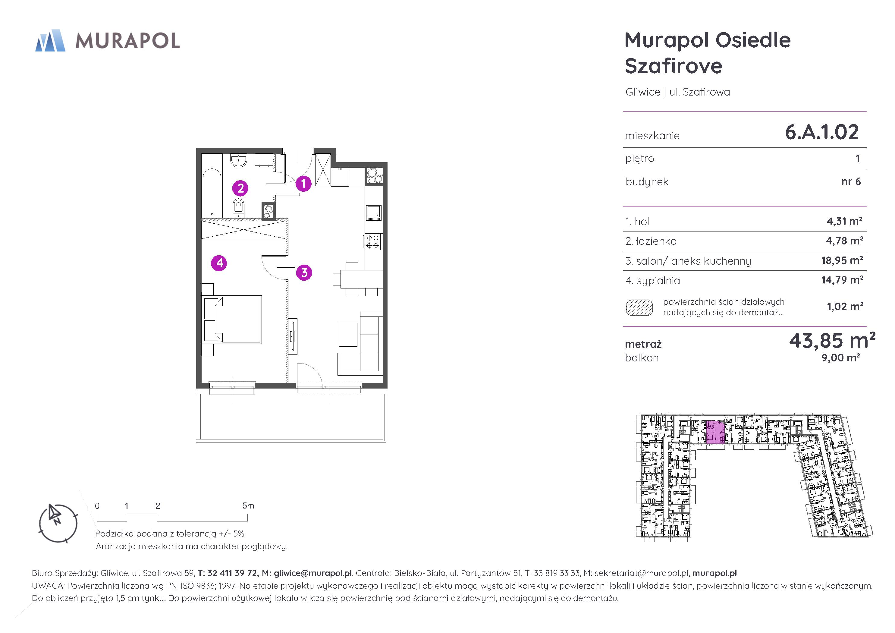 Mieszkanie 43,85 m², piętro 1, oferta nr 6.A.1.02, Murapol Osiedle Szafirove, Gliwice, Stare Gliwice, ul. Szafirowa-idx