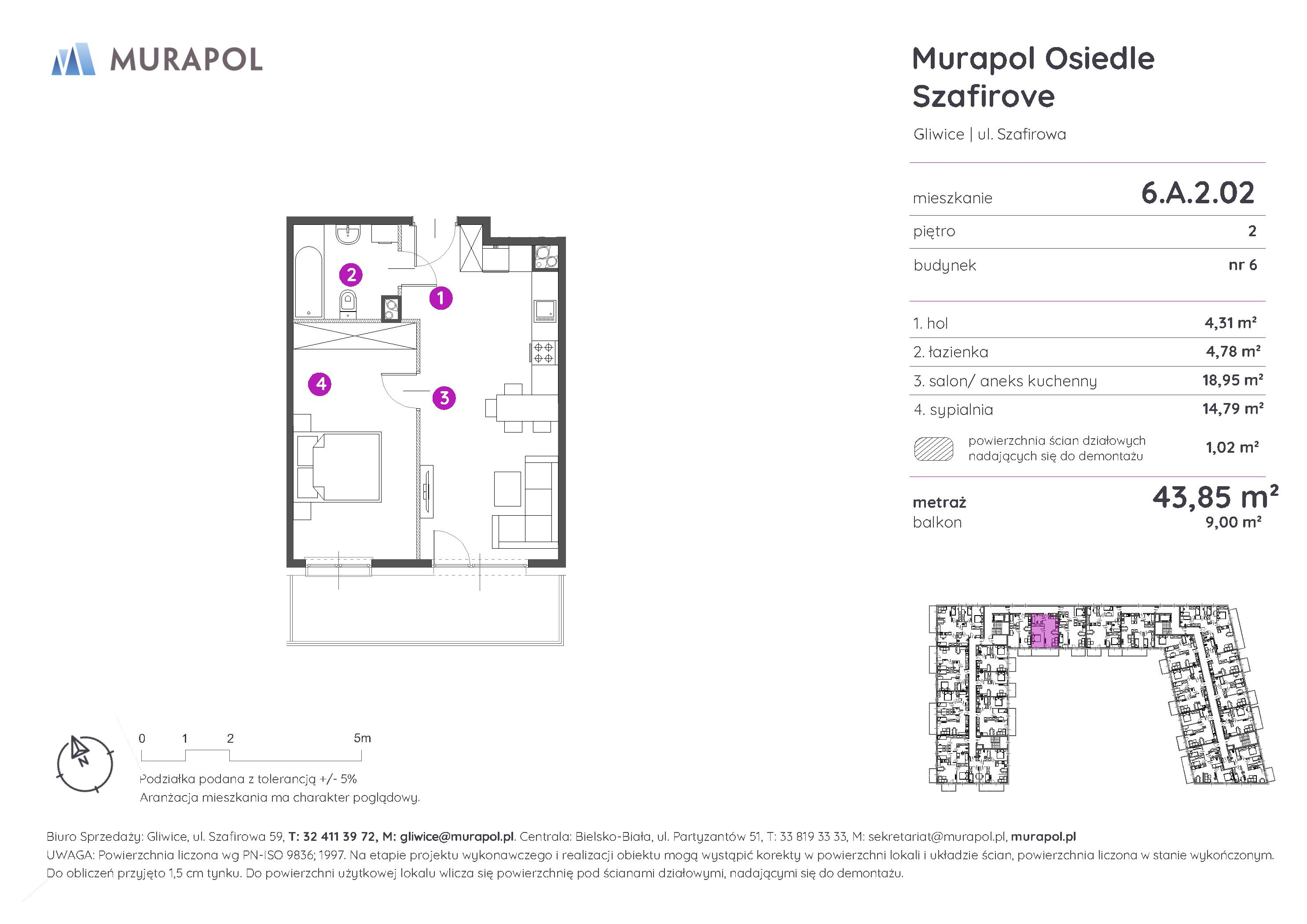 Mieszkanie 43,85 m², piętro 2, oferta nr 6.A.2.02, Murapol Osiedle Szafirove, Gliwice, Stare Gliwice, ul. Szafirowa-idx