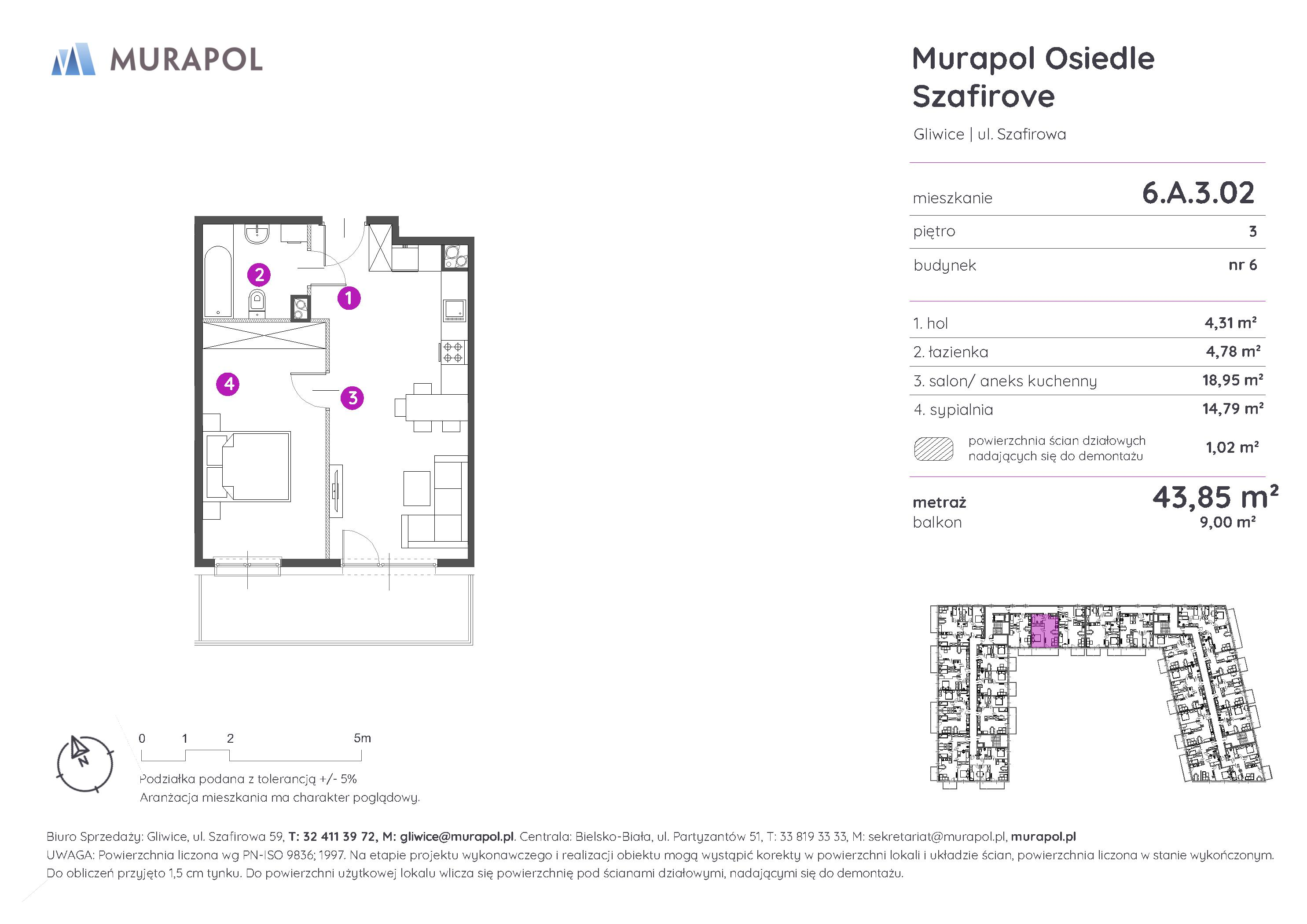 Mieszkanie 43,85 m², piętro 3, oferta nr 6.A.3.02, Murapol Osiedle Szafirove, Gliwice, Stare Gliwice, ul. Szafirowa-idx