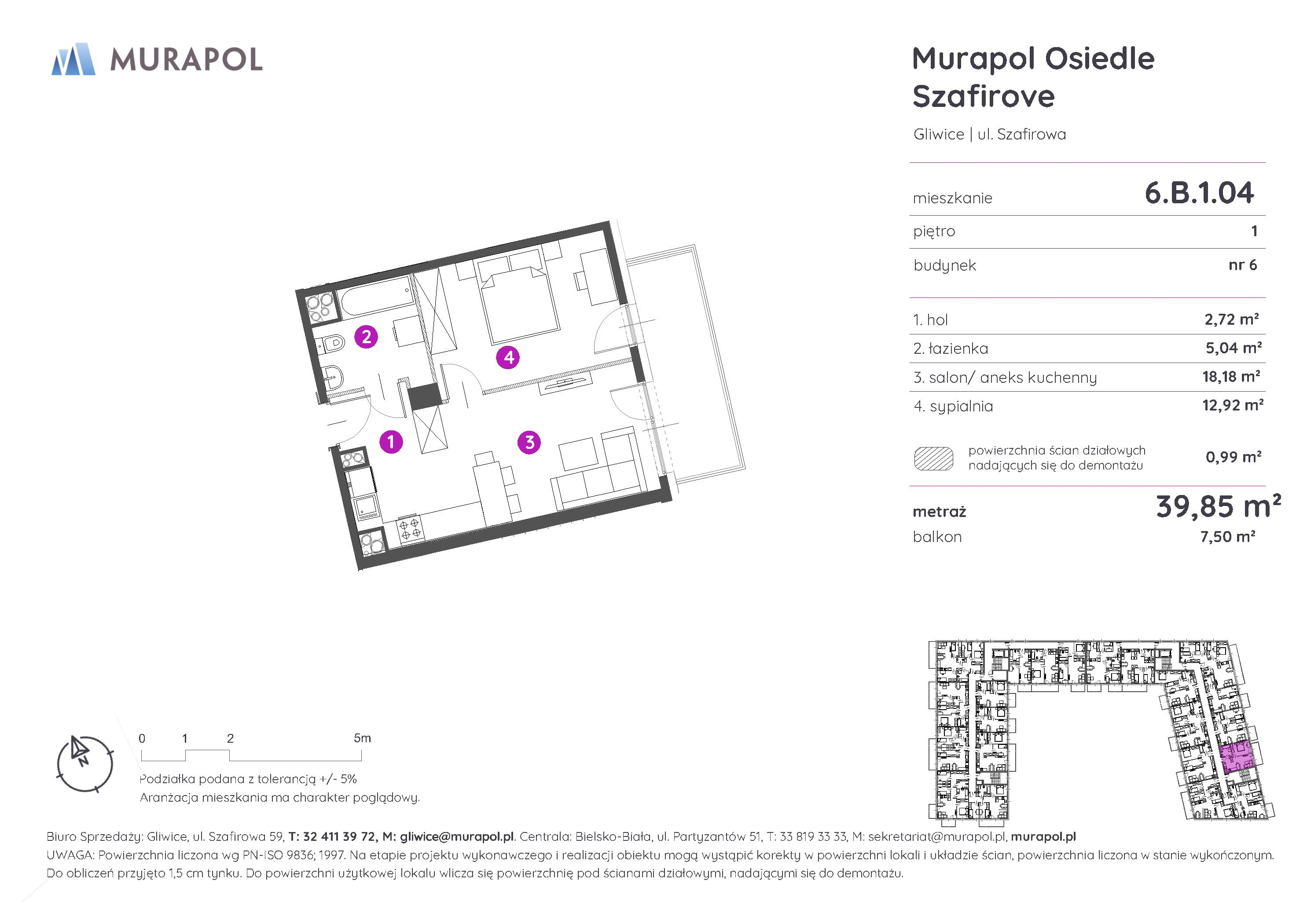 Mieszkanie 39,85 m², piętro 1, oferta nr 6.B.1.04, Murapol Osiedle Szafirove, Gliwice, Stare Gliwice, ul. Szafirowa-idx