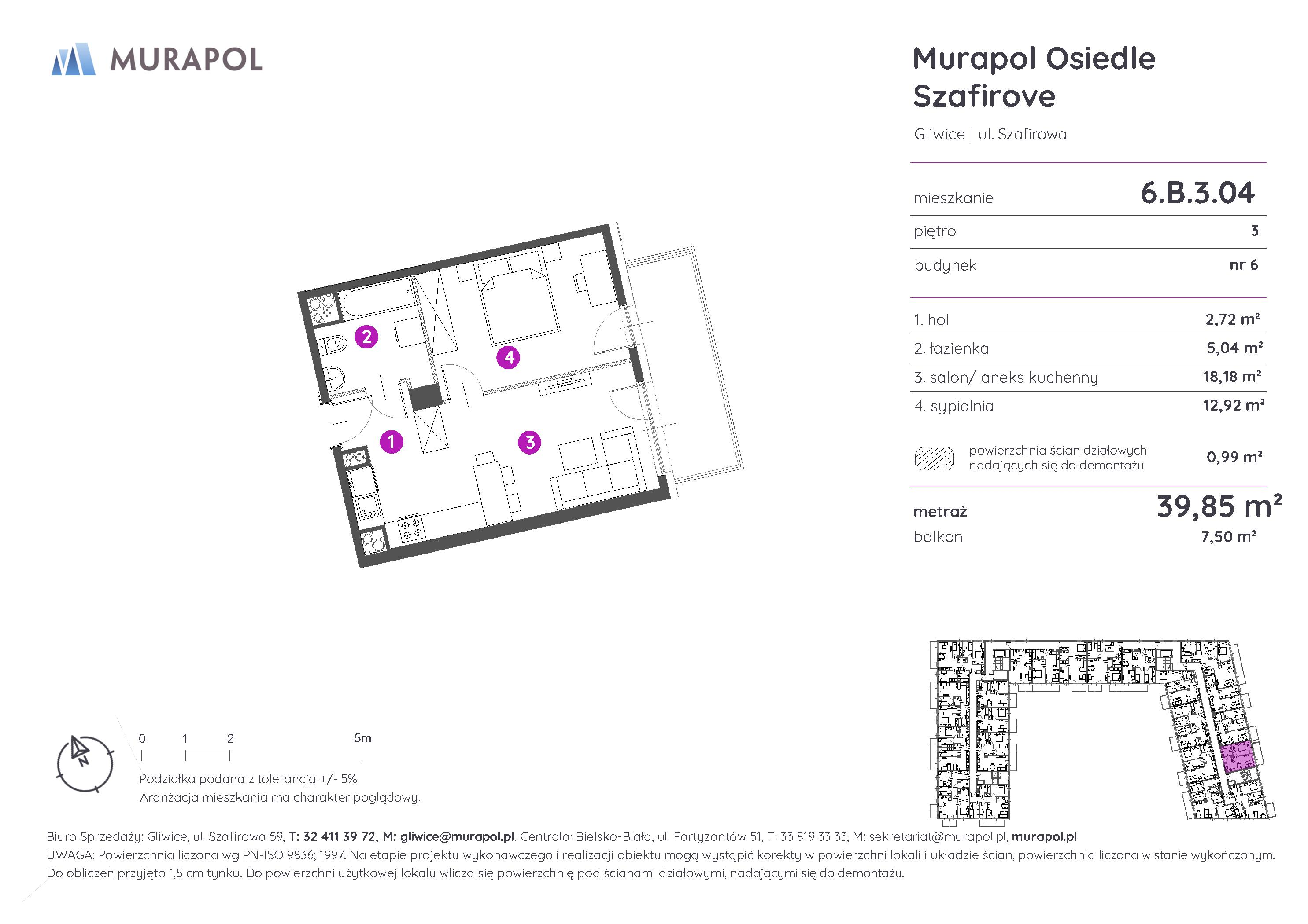 Mieszkanie 39,85 m², piętro 3, oferta nr 6.B.3.04, Murapol Osiedle Szafirove, Gliwice, Stare Gliwice, ul. Szafirowa-idx