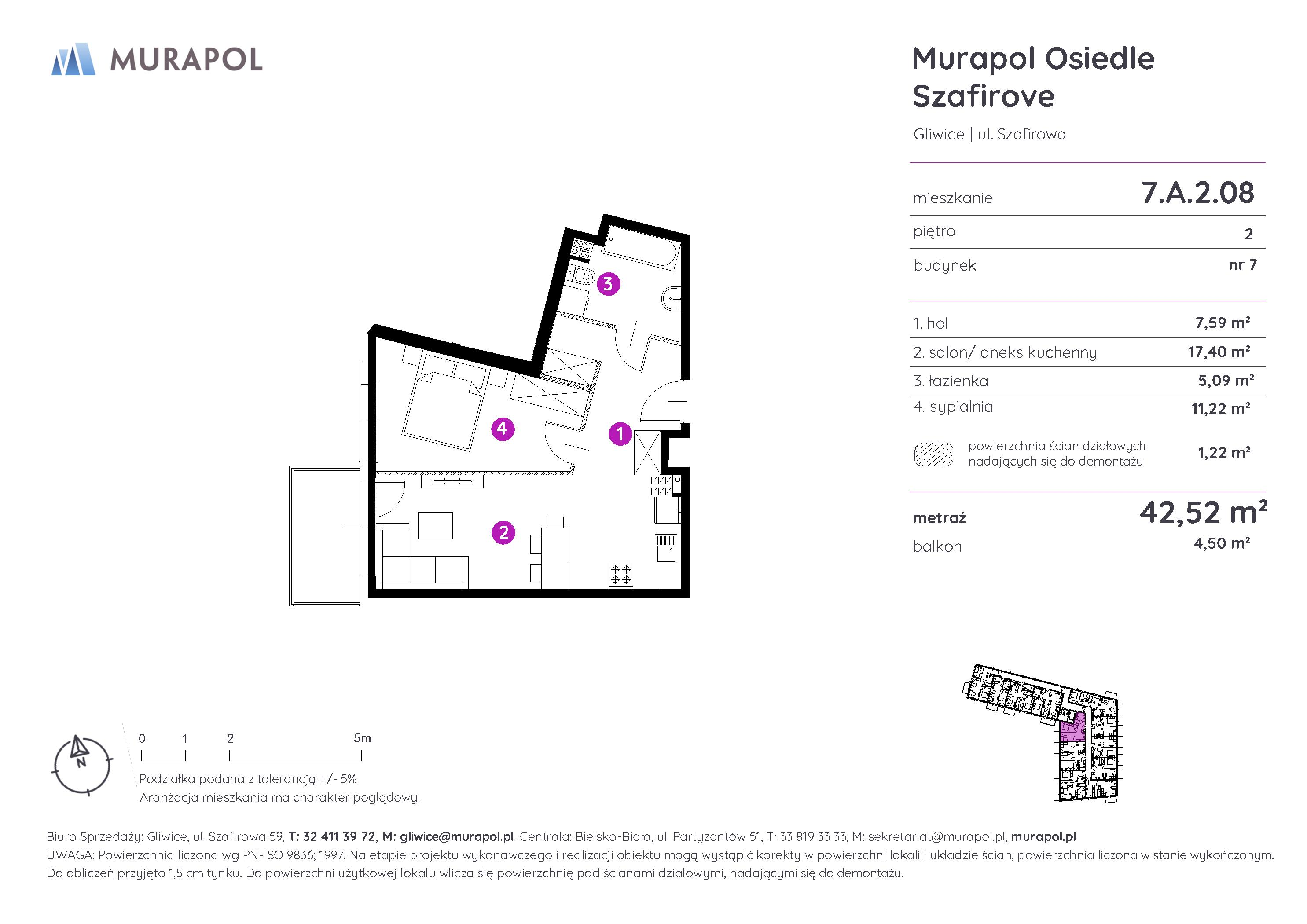 Mieszkanie 42,52 m², piętro 2, oferta nr 7.A.2.08, Murapol Osiedle Szafirove, Gliwice, Stare Gliwice, ul. Szafirowa-idx