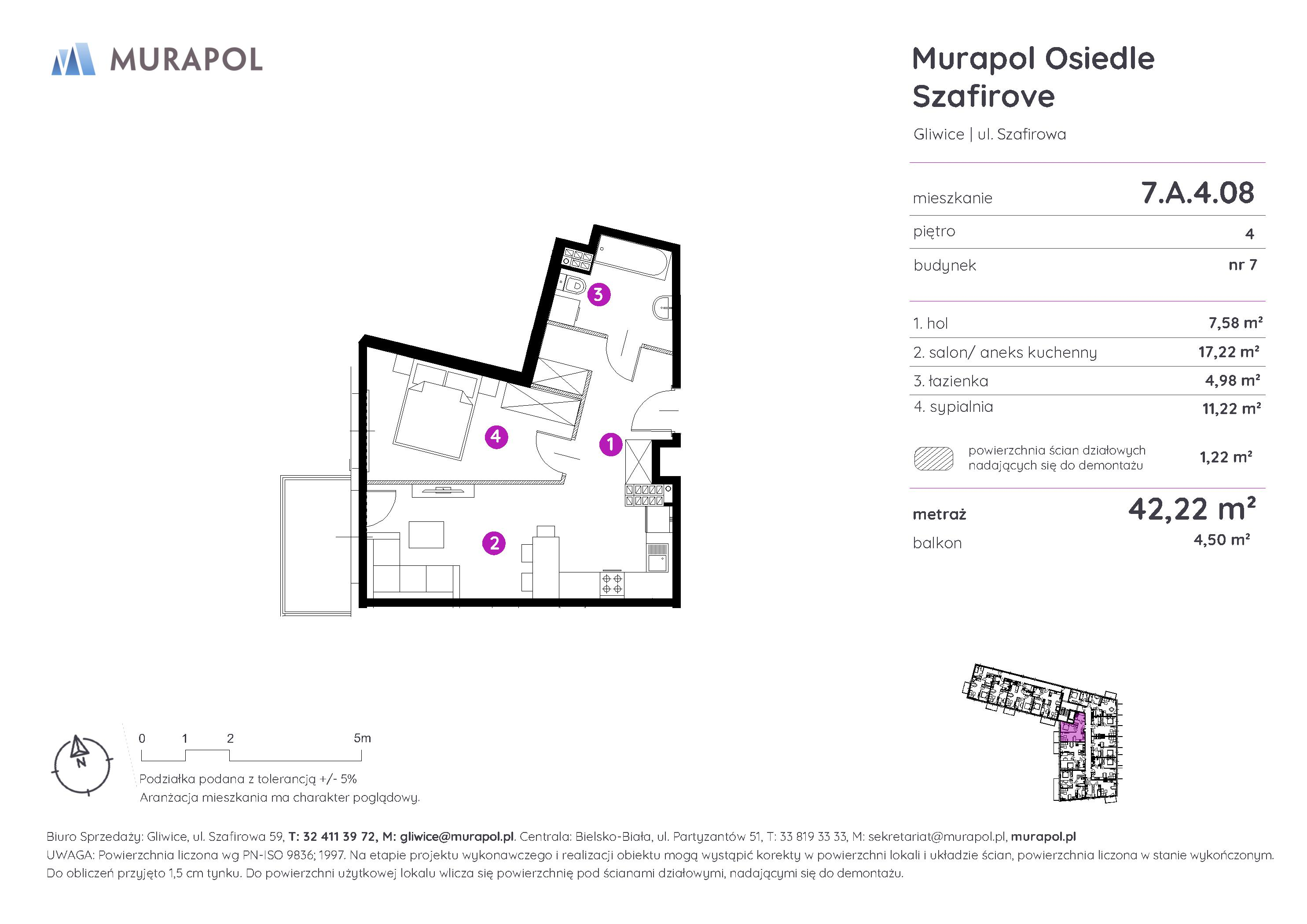 Mieszkanie 42,22 m², piętro 4, oferta nr 7.A.4.08, Murapol Osiedle Szafirove, Gliwice, Stare Gliwice, ul. Szafirowa-idx