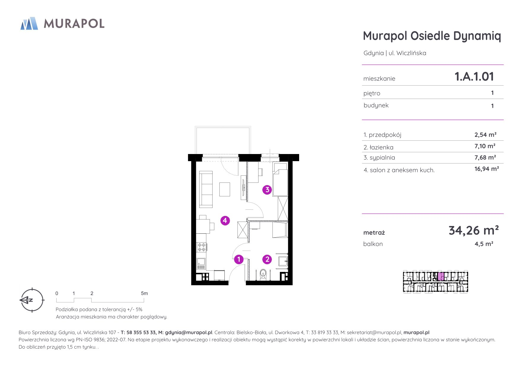 Mieszkanie 34,26 m², piętro 1, oferta nr 1.A.1.01, Murapol Osiedle Dynamiq, Gdynia, Chwarzno-Wiczlino, ul. Wiczlińska-idx