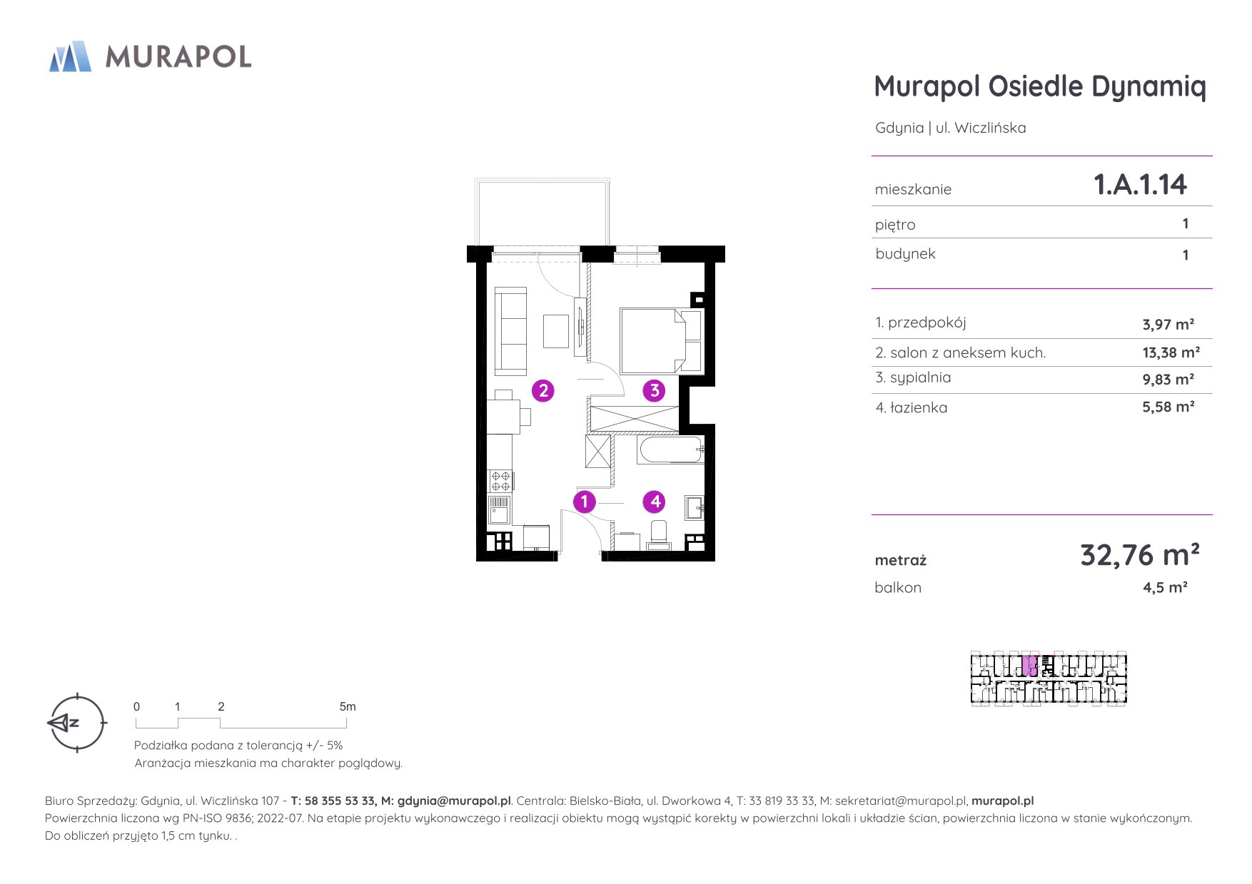 Mieszkanie 32,76 m², piętro 1, oferta nr 1.A.1.14, Murapol Osiedle Dynamiq, Gdynia, Chwarzno-Wiczlino, ul. Wiczlińska-idx