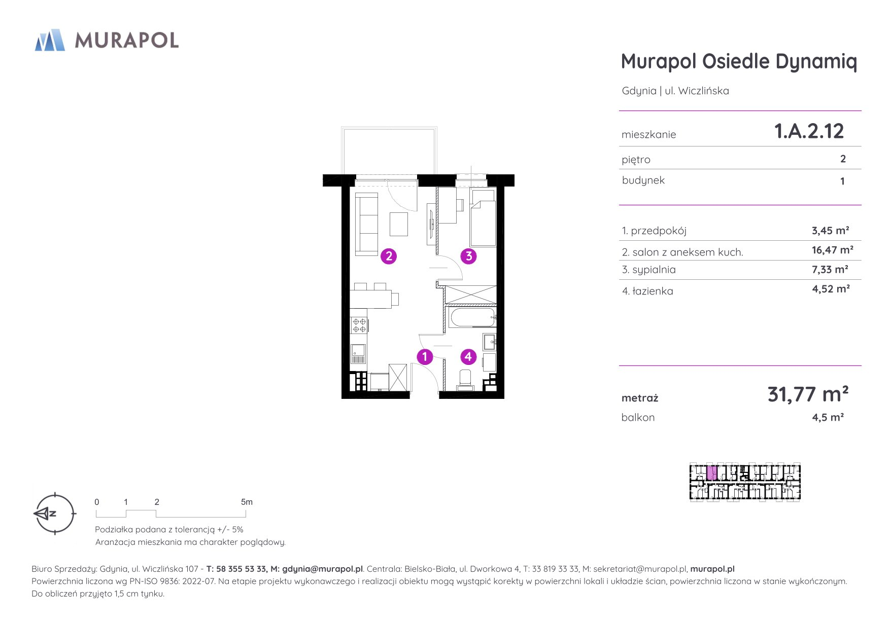 Mieszkanie 31,77 m², piętro 2, oferta nr 1.A.2.12, Murapol Osiedle Dynamiq, Gdynia, Chwarzno-Wiczlino, ul. Wiczlińska-idx