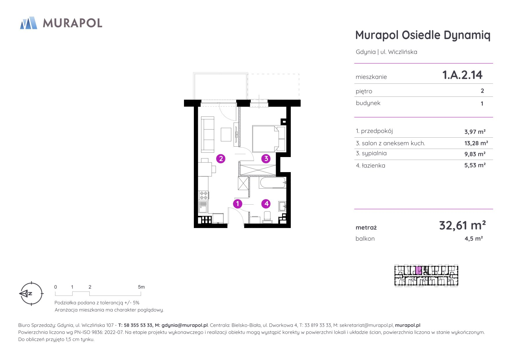 Mieszkanie 32,61 m², piętro 2, oferta nr 1.A.2.14, Murapol Osiedle Dynamiq, Gdynia, Chwarzno-Wiczlino, ul. Wiczlińska-idx