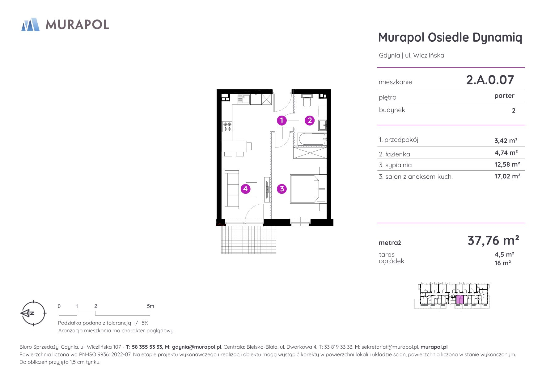 Mieszkanie 37,76 m², parter, oferta nr 2.A.0.07, Murapol Osiedle Dynamiq, Gdynia, Chwarzno-Wiczlino, ul. Wiczlińska-idx