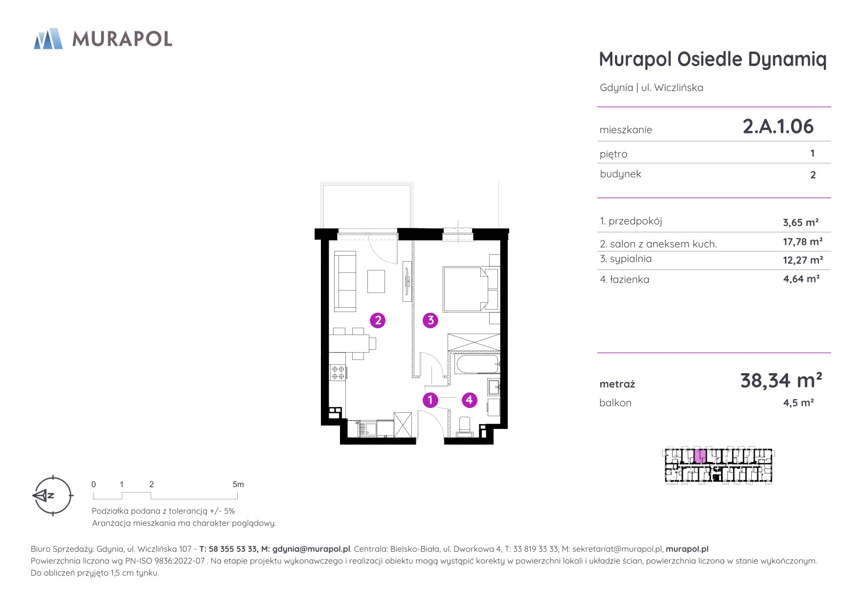 Mieszkanie 38,34 m², piętro 1, oferta nr 2.A.1.06, Murapol Osiedle Dynamiq, Gdynia, Chwarzno-Wiczlino, ul. Wiczlińska-idx