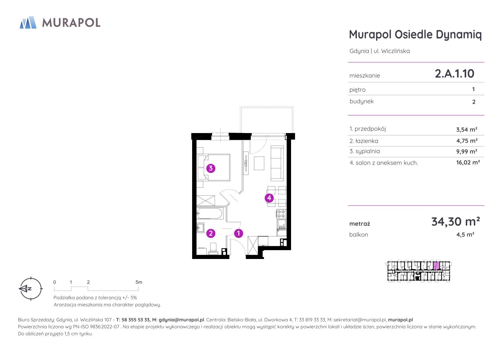 Mieszkanie 34,30 m², piętro 1, oferta nr 2.A.1.10, Murapol Osiedle Dynamiq, Gdynia, Chwarzno-Wiczlino, ul. Wiczlińska-idx