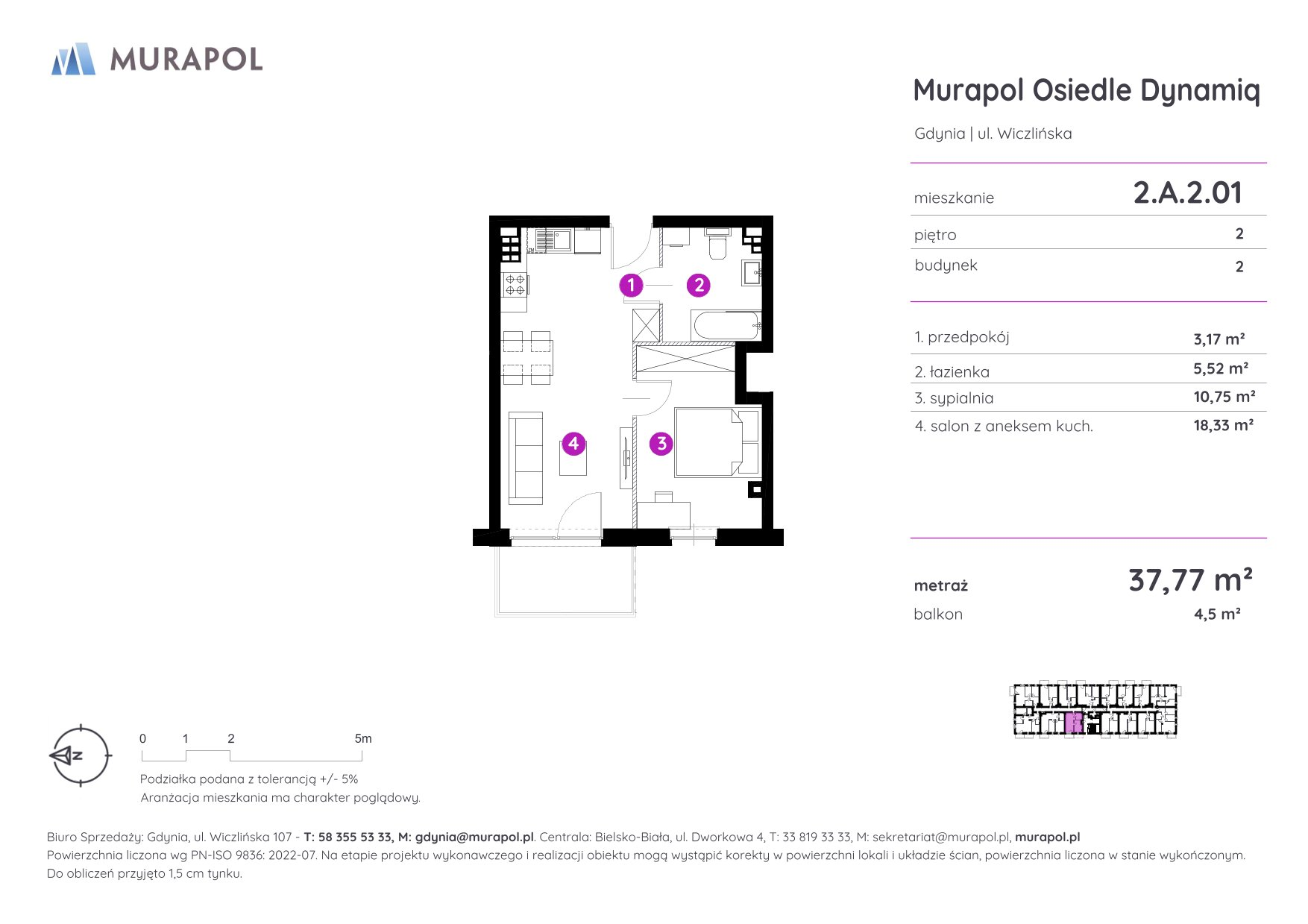 Mieszkanie 37,77 m², piętro 2, oferta nr 2.A.2.01, Murapol Osiedle Dynamiq, Gdynia, Chwarzno-Wiczlino, ul. Wiczlińska-idx