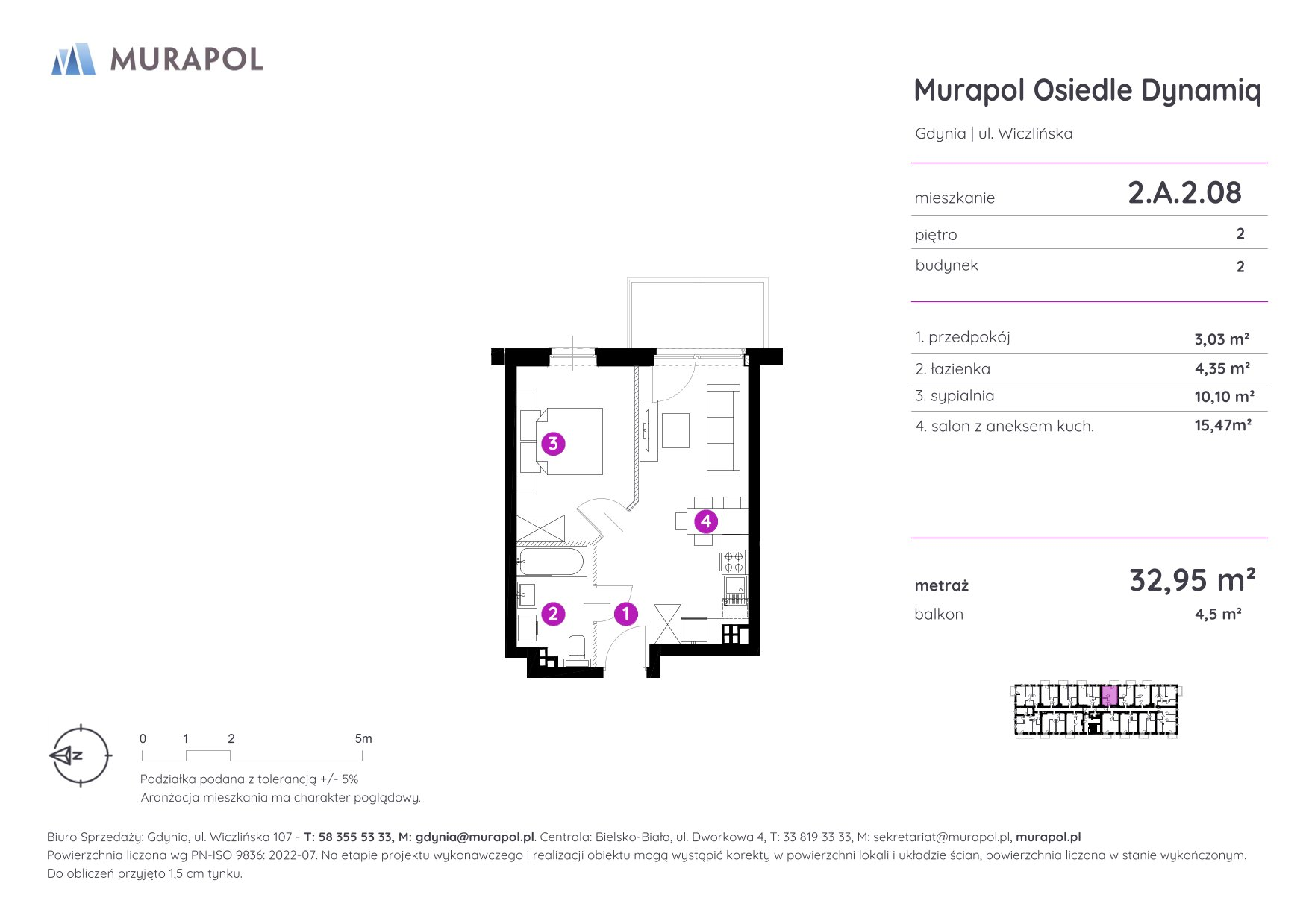 Mieszkanie 32,95 m², piętro 2, oferta nr 2.A.2.08, Murapol Osiedle Dynamiq, Gdynia, Chwarzno-Wiczlino, ul. Wiczlińska-idx