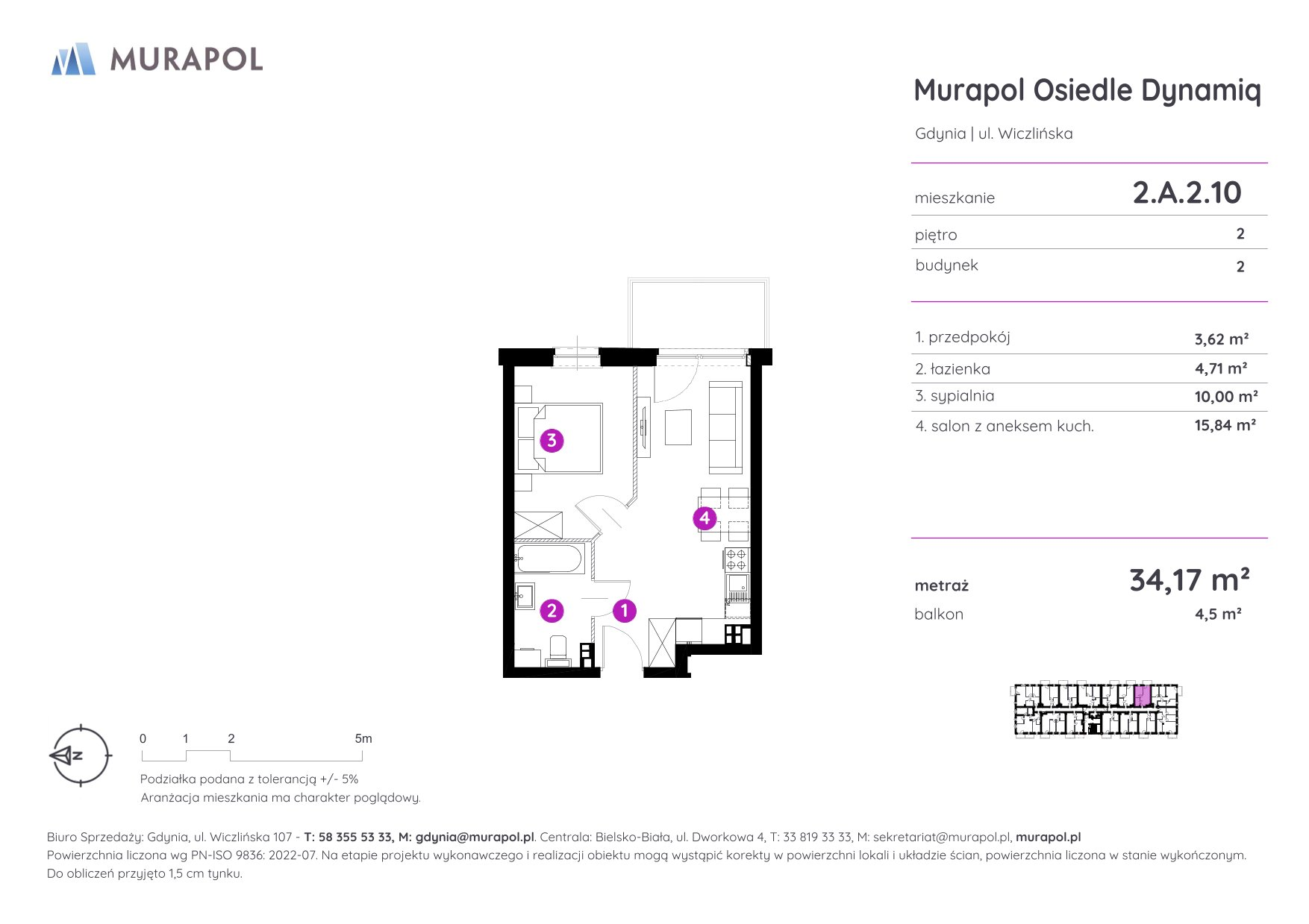 Mieszkanie 34,17 m², piętro 2, oferta nr 2.A.2.10, Murapol Osiedle Dynamiq, Gdynia, Chwarzno-Wiczlino, ul. Wiczlińska-idx