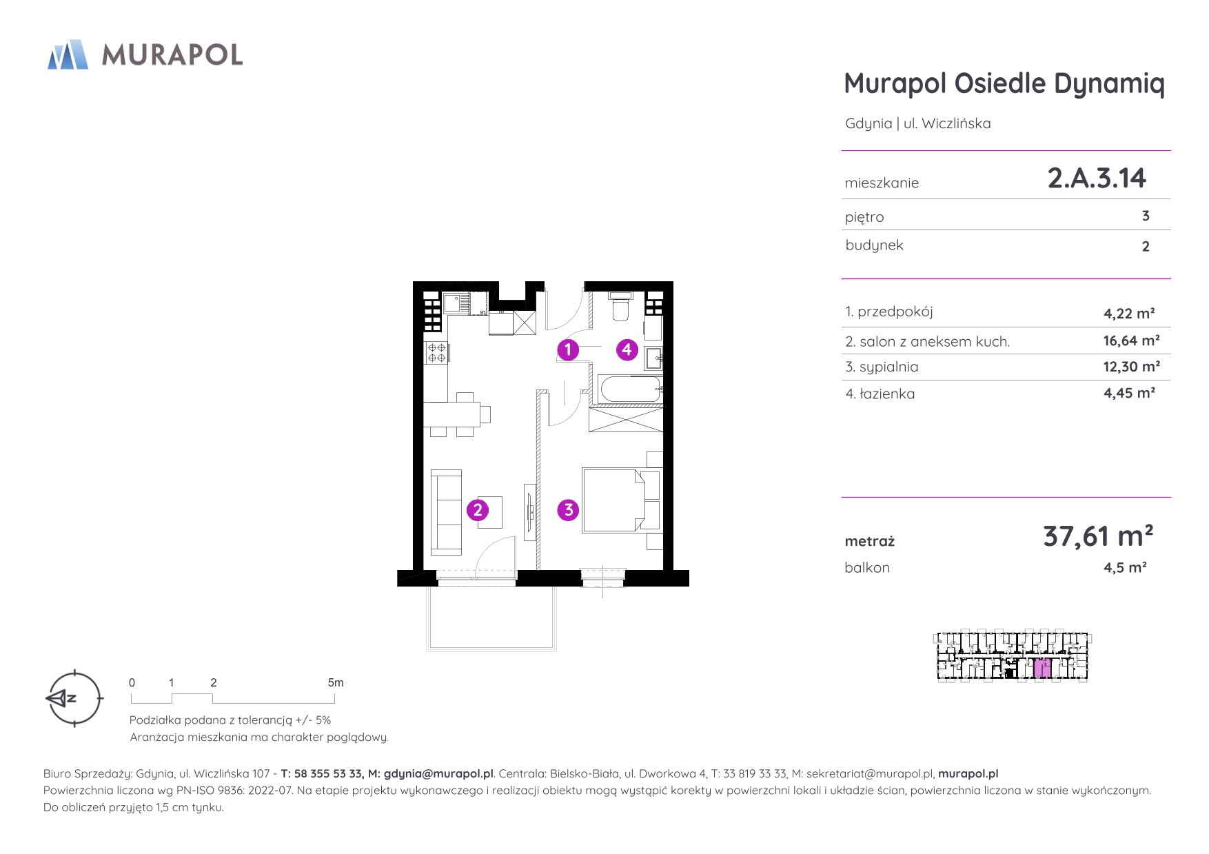 Mieszkanie 37,61 m², piętro 3, oferta nr 2.A.3.14, Murapol Osiedle Dynamiq, Gdynia, Chwarzno-Wiczlino, ul. Wiczlińska-idx