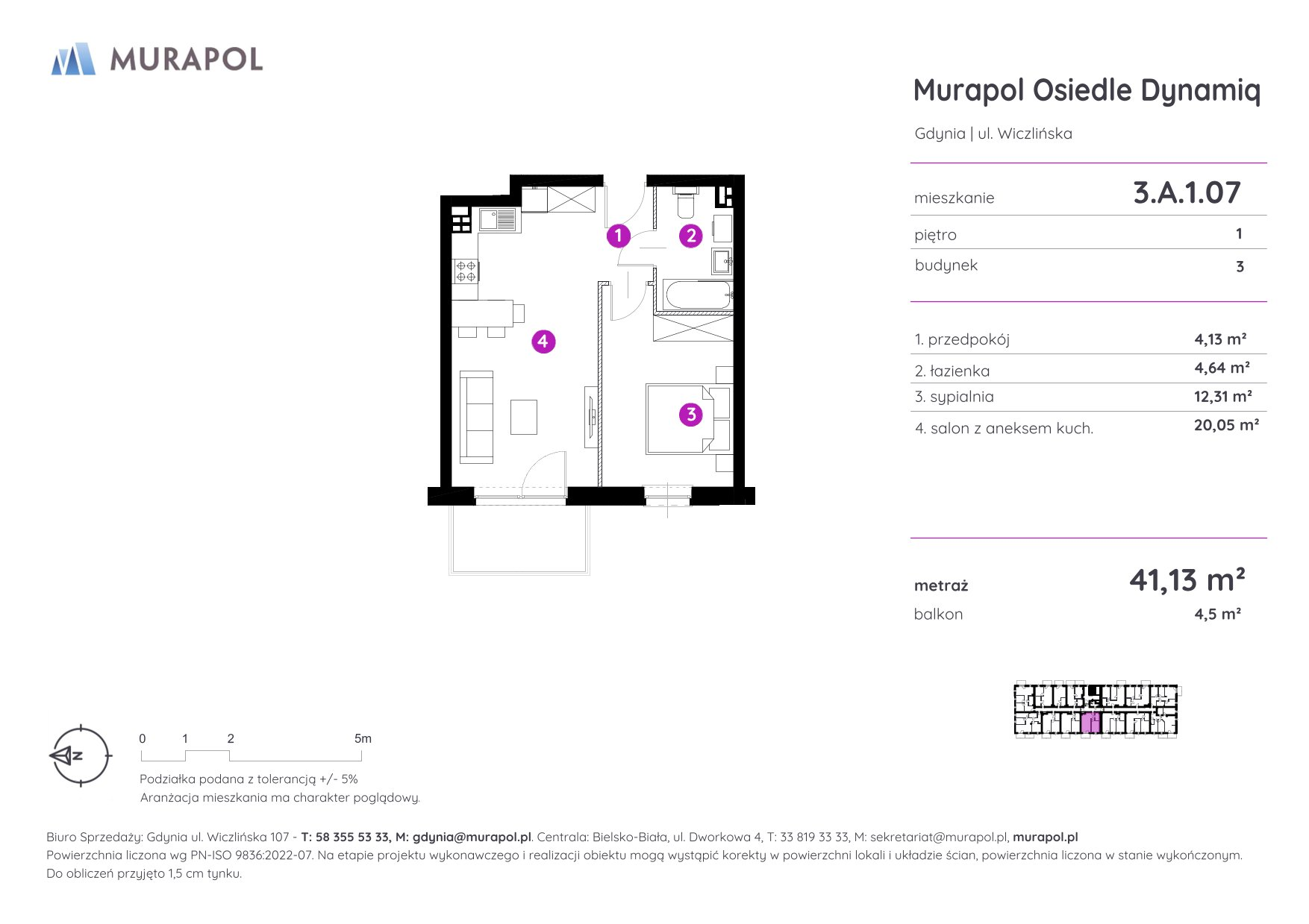 Mieszkanie 41,13 m², piętro 1, oferta nr 3.A.1.07, Murapol Osiedle Dynamiq, Gdynia, Chwarzno-Wiczlino, ul. Wiczlińska-idx