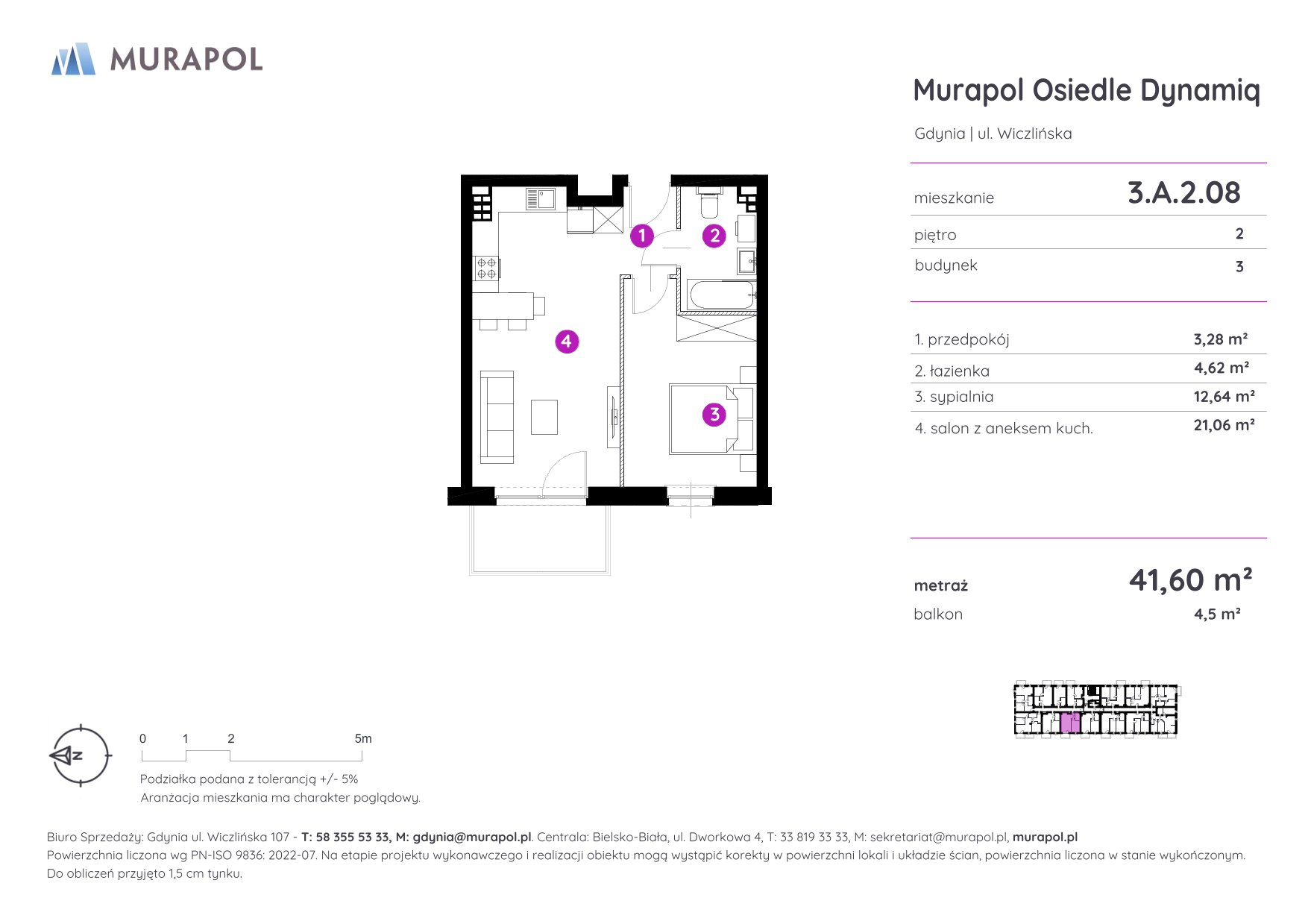 Mieszkanie 41,60 m², piętro 2, oferta nr 3.A.2.08, Murapol Osiedle Dynamiq, Gdynia, Chwarzno-Wiczlino, ul. Wiczlińska-idx