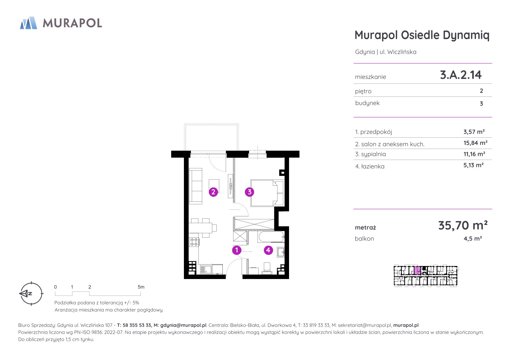 Mieszkanie 35,70 m², piętro 2, oferta nr 3.A.2.14, Murapol Osiedle Dynamiq, Gdynia, Chwarzno-Wiczlino, ul. Wiczlińska-idx