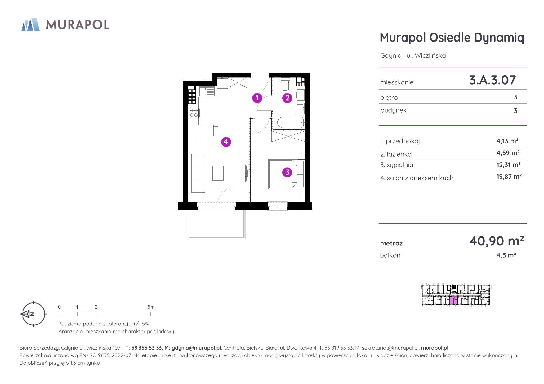 Mieszkanie 40,90 m², piętro 3, oferta nr 3.A.3.07, Murapol Osiedle Dynamiq, Gdynia, Chwarzno-Wiczlino, ul. Wiczlińska-idx